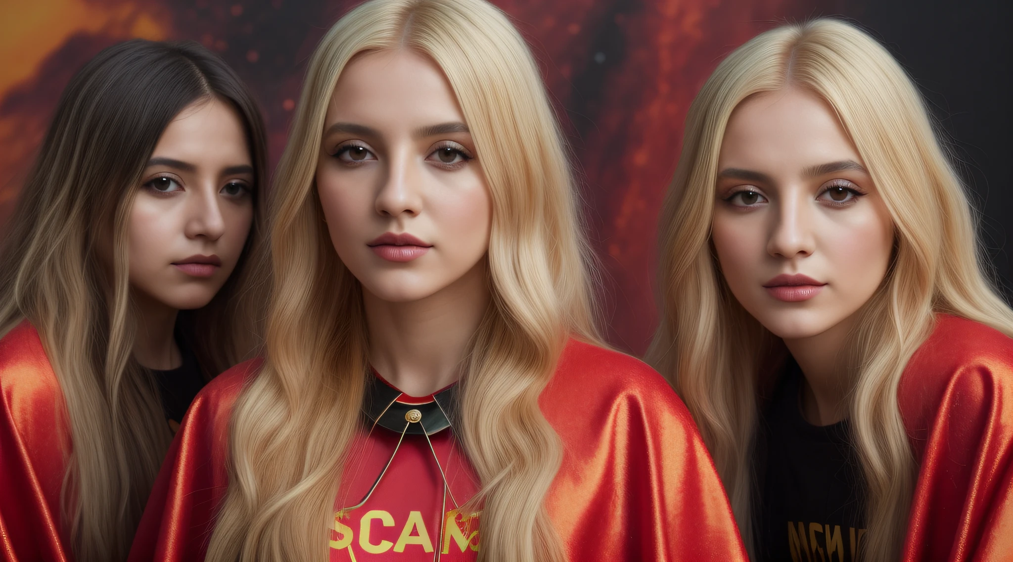 A half body, portrait of 3 girls German long blonde hair of 12 yearsather jackets, holding in their hands a cross, background of chains, chain, more chains, many chains, , red, red fire, many background flames. A FEW CANDLES LIT,