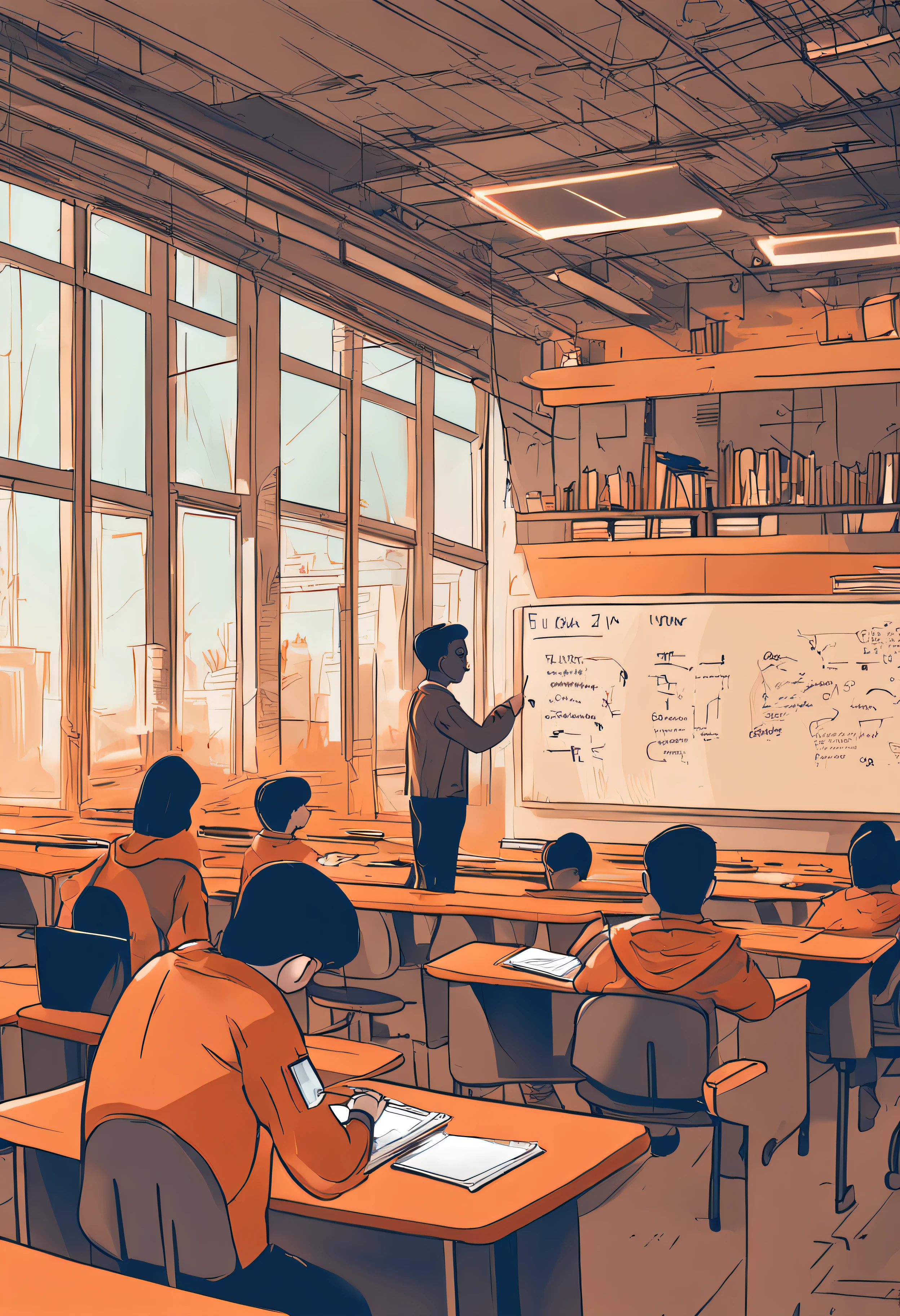 A 17-year-old teenager in an orange lab coat facing a blackboard teaching some students and two are raising their hand in a school with computers and the technological environment, realista, humano, 4k, pessoas