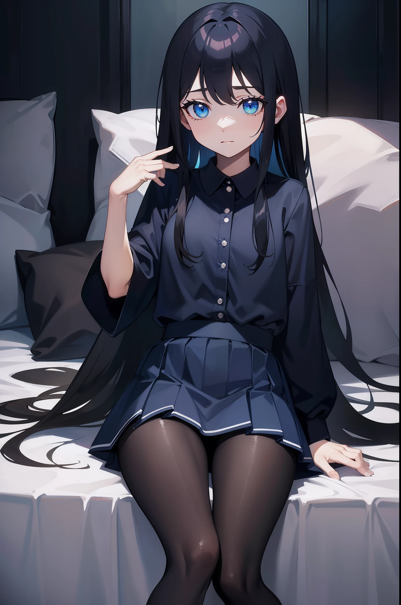 tmasterpiece、Need、Highest high resolution、Japanese high school girl、Petite、Small chest、Dark blue top、a black pleated skirt、The slender legs are wearing dark black pantyhose、No shoes、ccurateblack hair、Long straight hair, Turquoise eyes