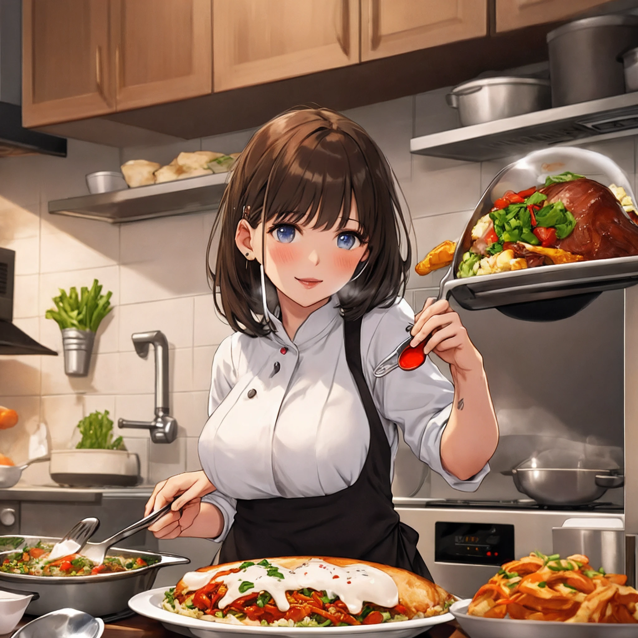 Nipple clamp mother cooking dinner