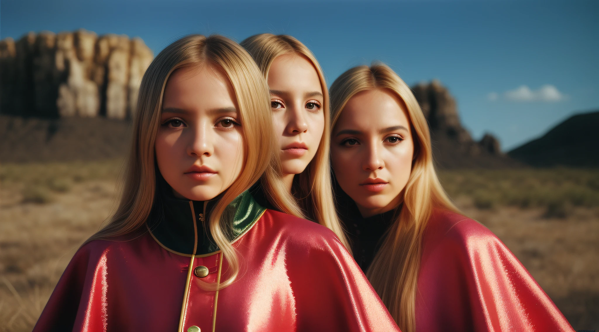 4 GIRLS Russian children with 20 years WITH LONG STRAIGHT BLONDE HAIR, PORTRAIT STYLE, , CLOSEUP standing in a tunnel with a red lightsaber, 4K lightsaber wallpaper, digital art