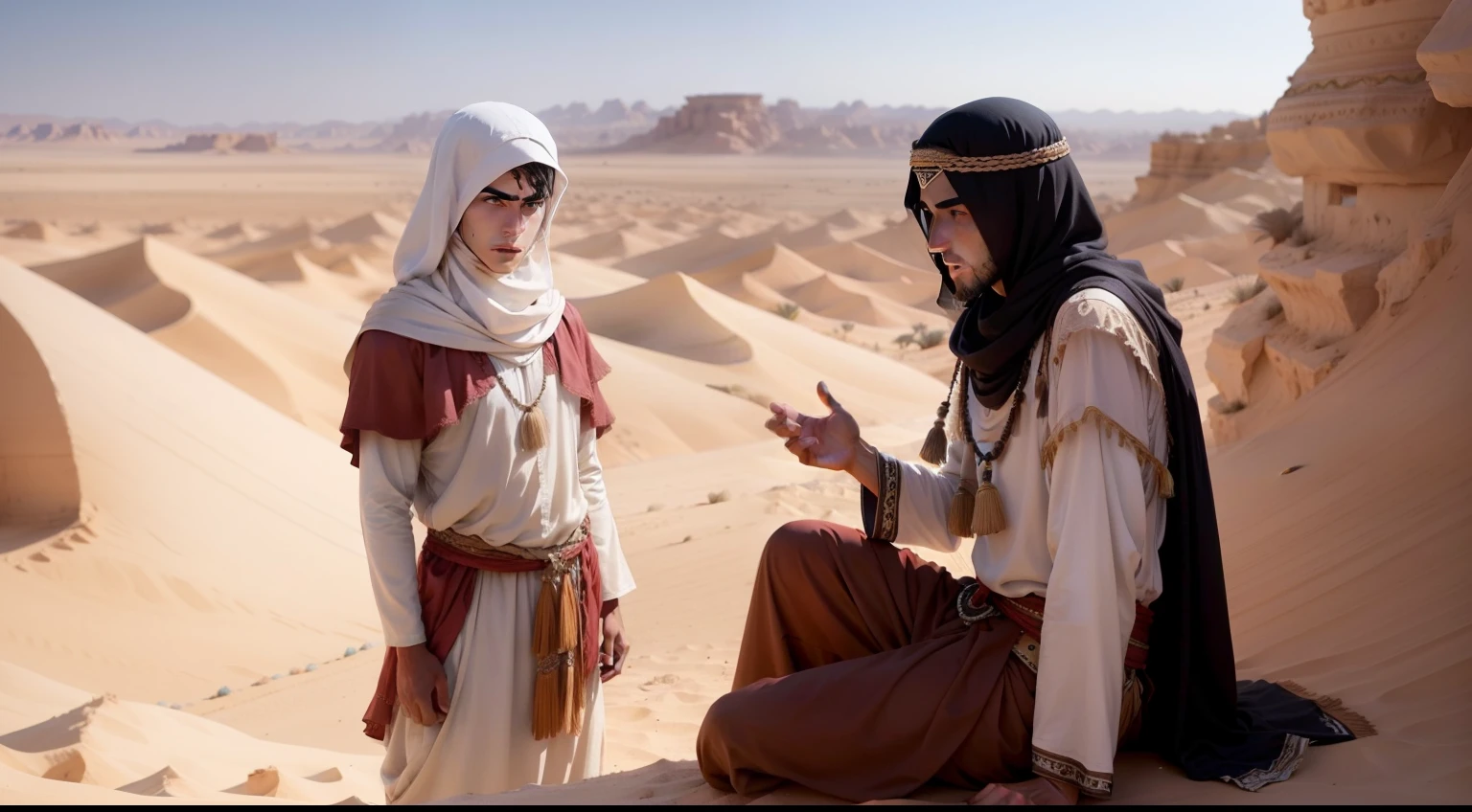 Young men in Bedouin costume in the desert