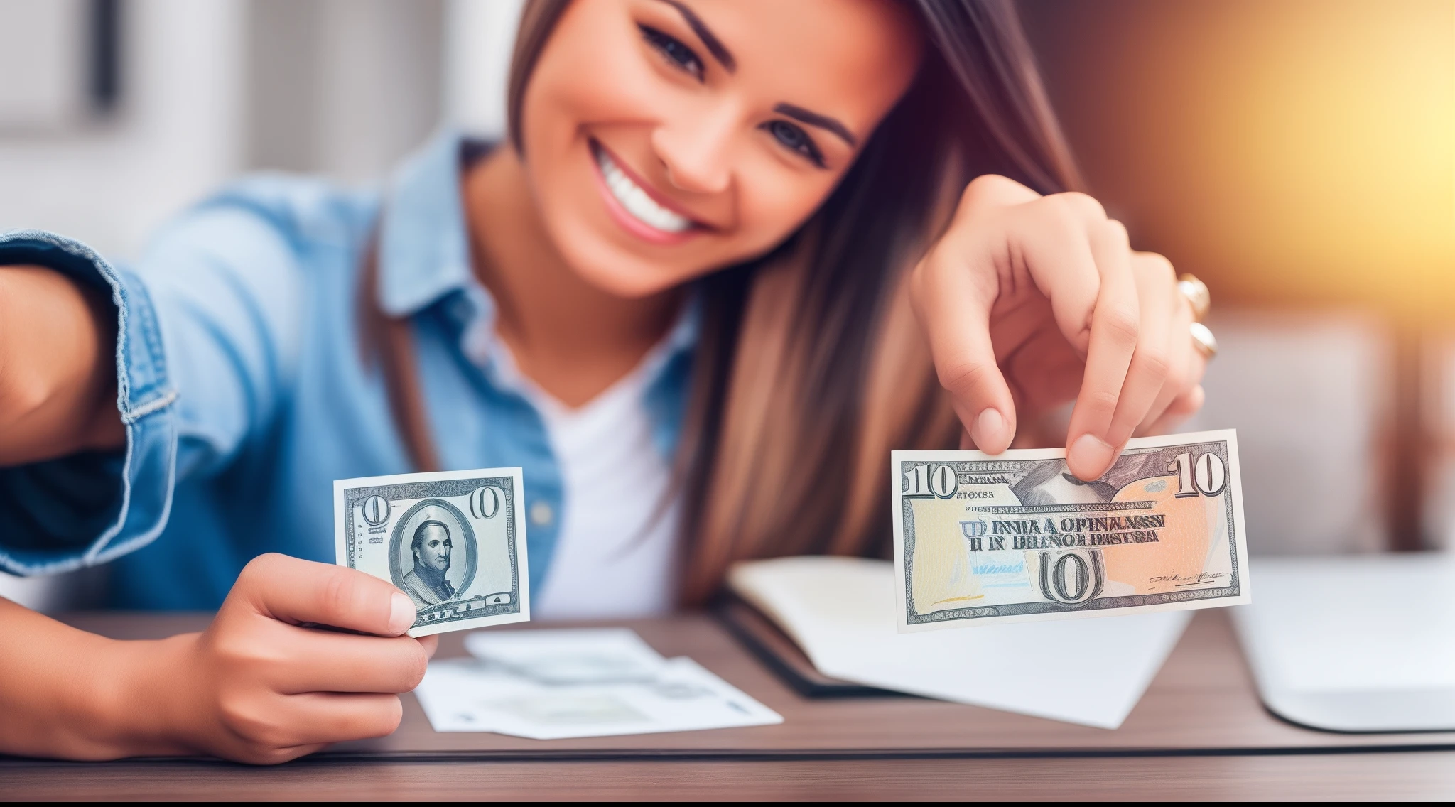 Una imagen de una persona sosteniendo un billete en la mano, con una sonrisa en el rostro, with the text "Seize opportunities and increase your income".