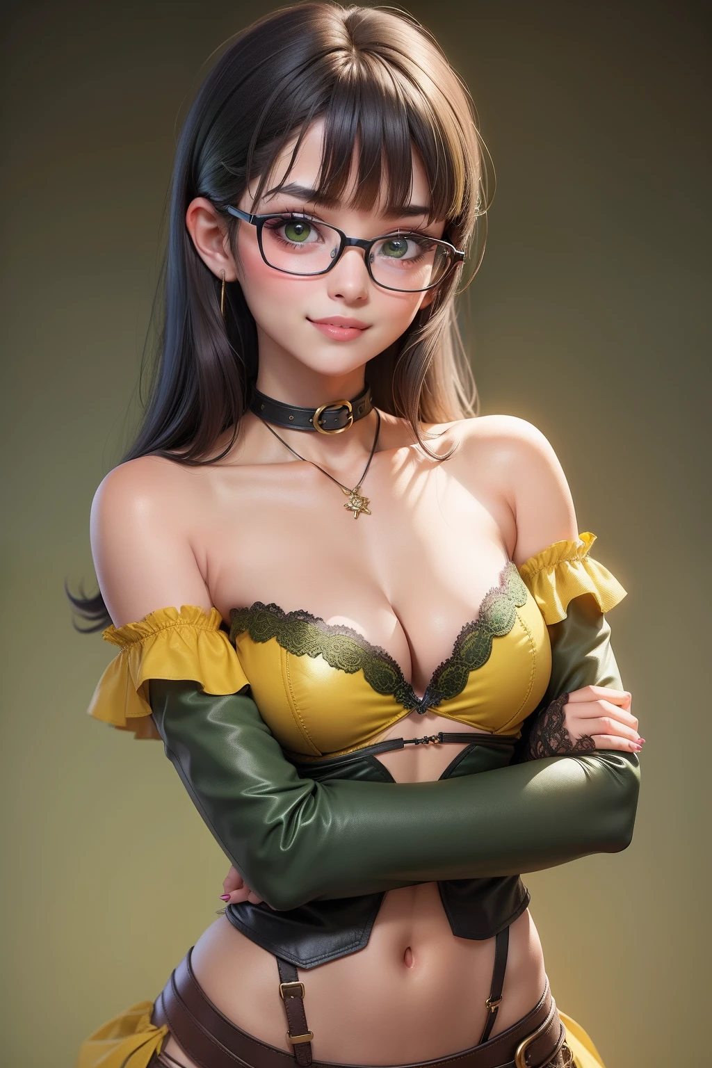 1 cute girl (18yo) glasses, upper body, slim waist, small breast, sexy pose, naugthy face, bangs, random hairstyle, cleavage, navel, collar, collarbone, off shoulder, seductive smile, wear intricately detail hot and sexy archer leather clothes (green and yellow color,1.1). flat gray color for background
