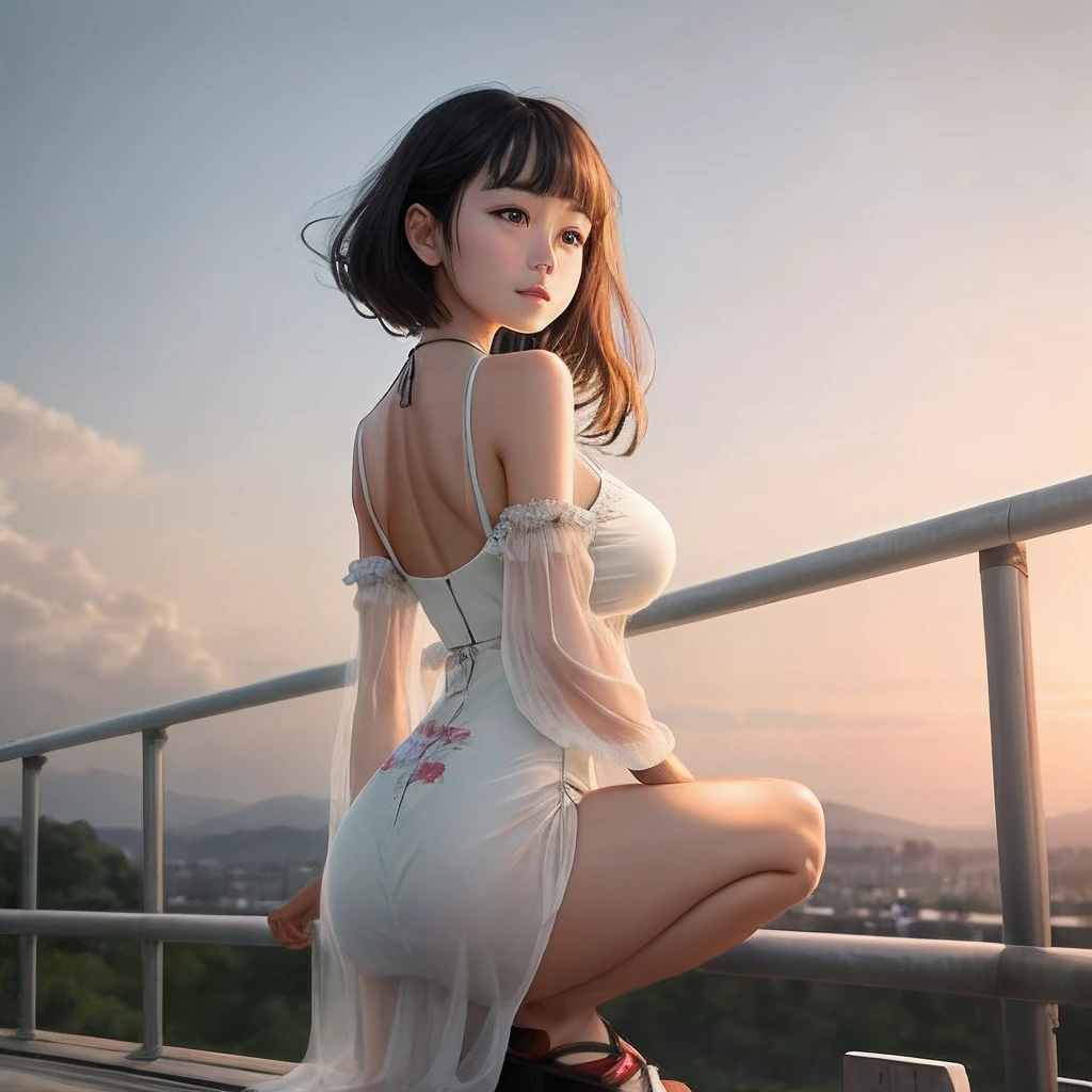 8K、top-quality、tmasterpiece、超A high resolution、Photo-like、Slr、Beautiful Japanese woman、Elegance、There is a good one、cute face、Gentle face、The beauty of the wind、Expose your forehead、Put your ears out、Thin eyebrows,,,,、Moist beauty、short cut、Keep your bangs neat、The eyes are far away、Transparent atmosphere、Beautiful face、The corners of the mouth are raised、drooing eyes、Tanuki face、Wrist watch、a necklace、bangle、Gradient lighting、Hang your long bangs to the side、Girl vs、Delicate skin、Look into the distance、with brown eye、up chest、The shape of the chest is clear,,,,,,,,,,,,,,,,,,,,,,,,、Very, very huge、Very big breasts、Sheer clothing、sheer skin、RAW photography、PureErosFace、white clothes、Floral high slit dress、with floral pattern、Square neck、frilld、High splitting、Hilllin、Ultra Mini、onepiece、Sleeveless、No sleeves、Sexy clothes、Morning、Futomo、knees、Kaihuai、Large full breasts、Hair swaying in the wind、facing back、sideways Facing、Look back here、Turn your upper body towards yourself、full body Esbian、Put your ass on the guardrail、Sit on the guardrail、parapets、Sit lightly on the guardrail、Leaning against the guardrail、sandals、squatting pose、Tokyo streets、The sky is beautiful、