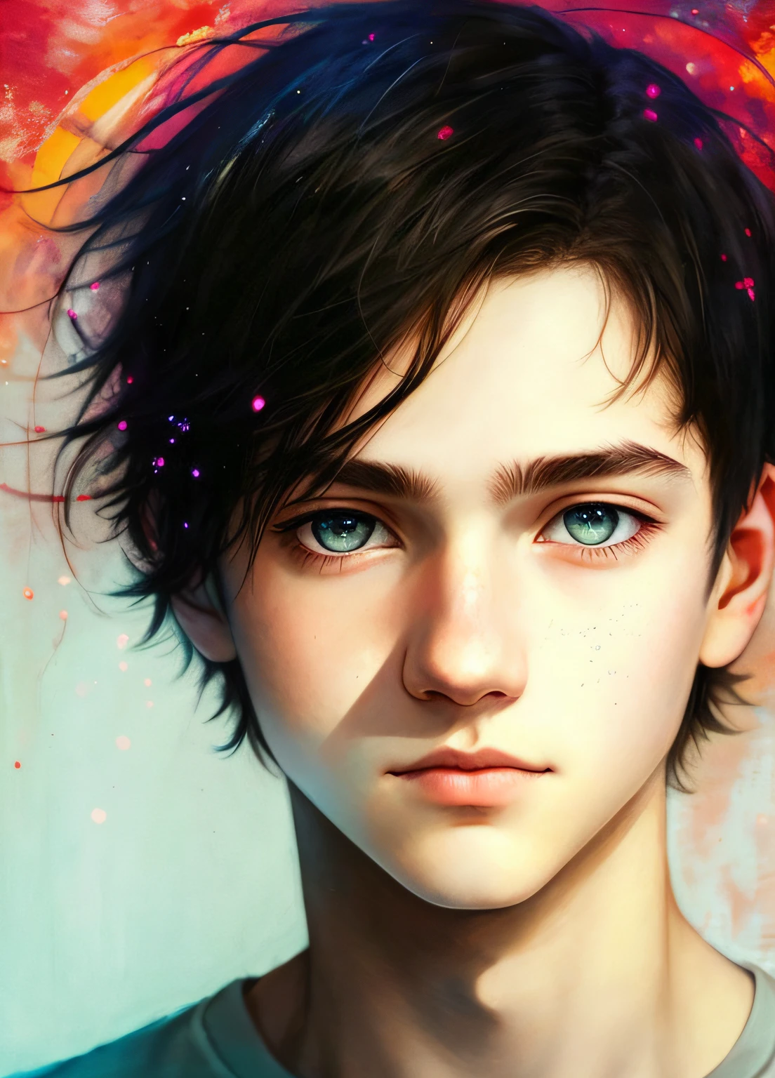 Agnes Cecile's Sunshine Boy,Black colored eyes,Short black hair,Luminous design,pastelcolor,Ink drops,Autumn lights