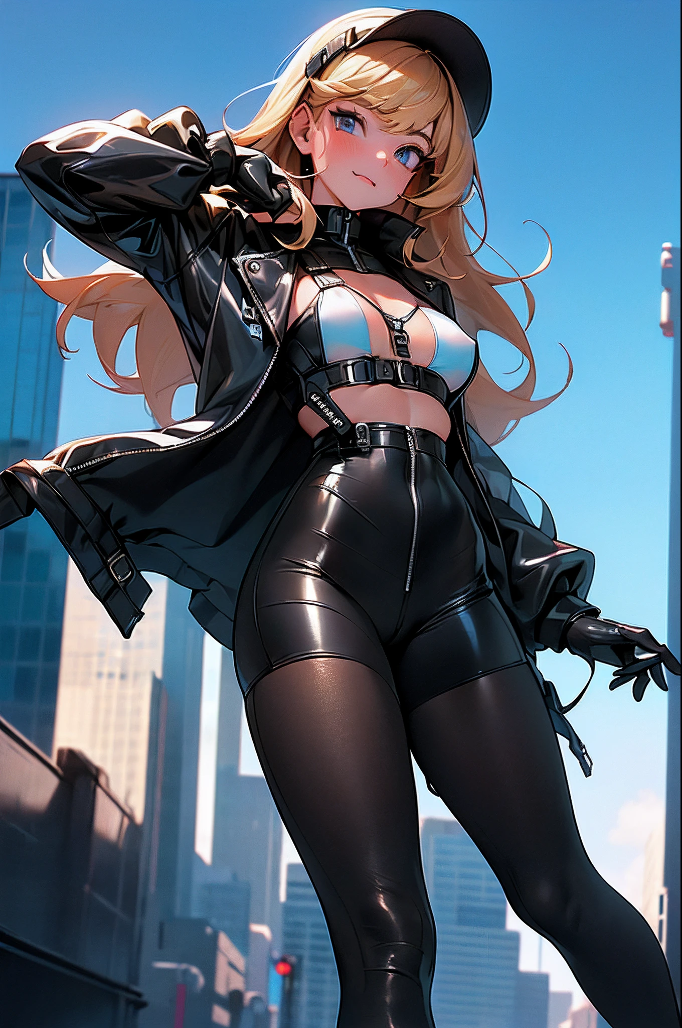 ((Best Quality, 8K, Masterpiece: 1.3)), 1 girl , ("future , techwear, jacket":1.3 ),("micro bikini , transparent pussy":1.2), (glove:1.2),("techwear, leggings, thighhighs:1.2)large breasts , thigh , (dynamic pose:1.1), wind ,future of the city