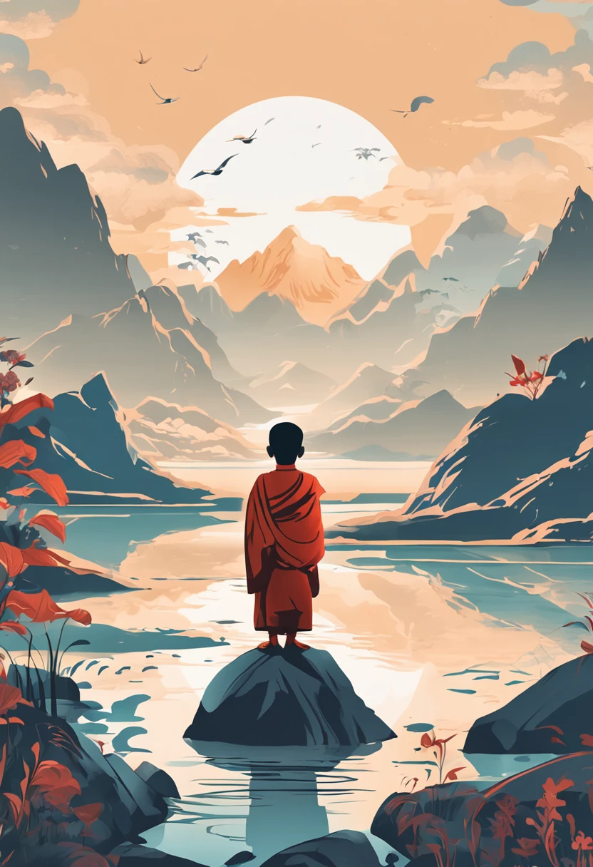A 3-year-old monk,Meditate on the top of the mountain,Back Shadow,Behind him lay a bucket of water,Look into the valley in the distance,Big mountains in the distance,blue-sky,baiyun,flying birds,There is a stream,The picture is delicate,The scene is real,k hd