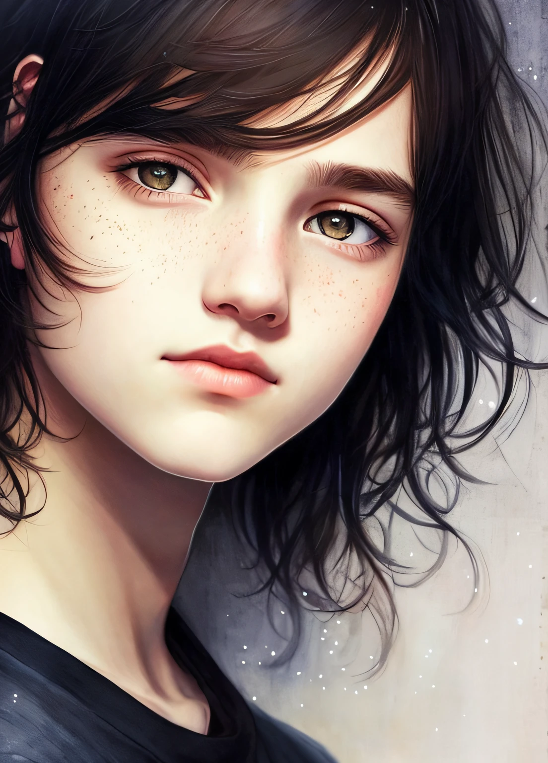 Agnes Cecile's Sunshine Boy，Black colored eyes，Short black hair，Luminous design，pastelcolor，Ink drops，Autumn lights