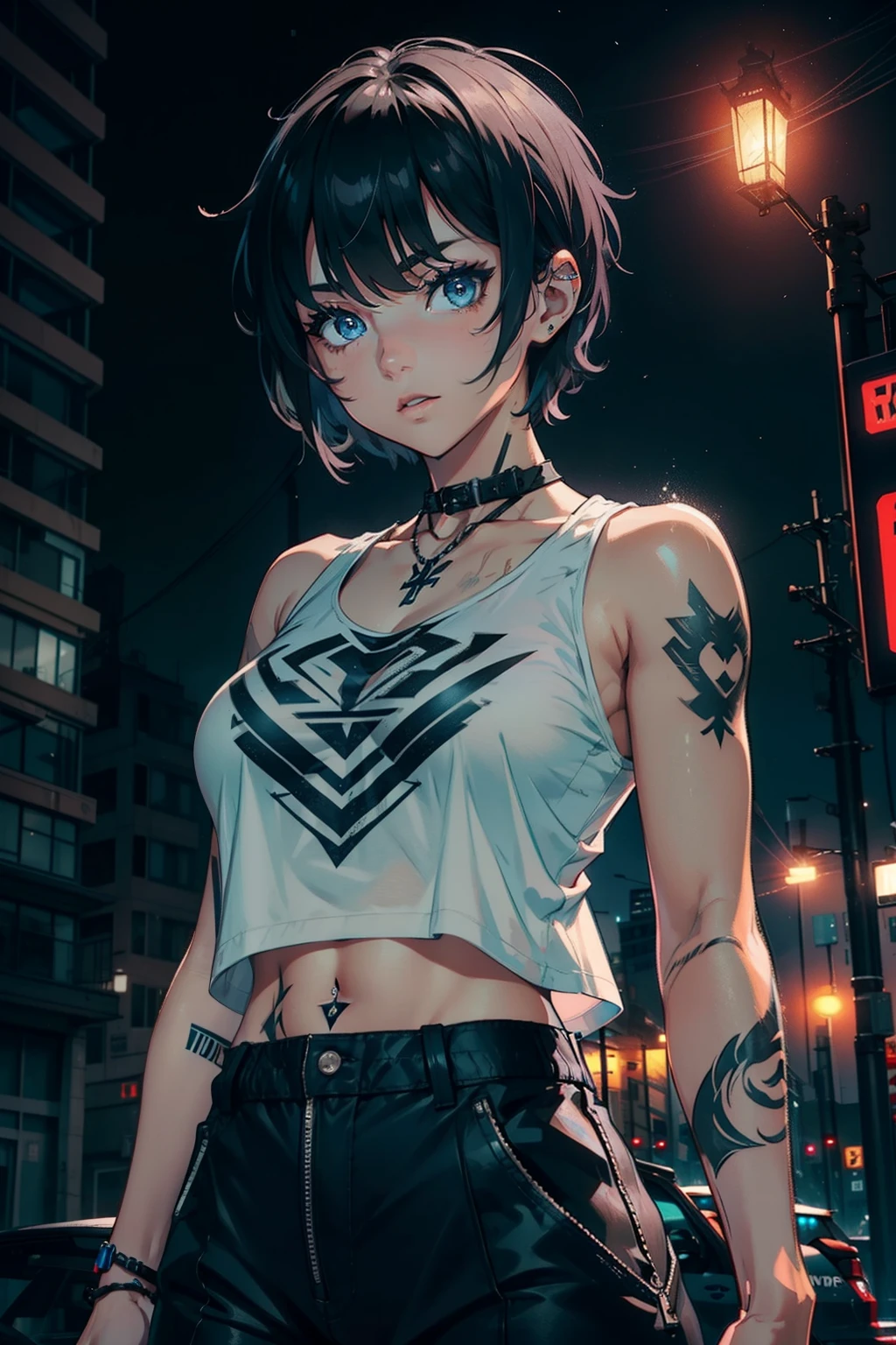 young girl short hair, crew haircut, blue eyes, tattoed arm with thunders, black thunder tattoos, tank top white shirt, black letter pants, on a city, in one storm, night, thunders in the sky, 4k