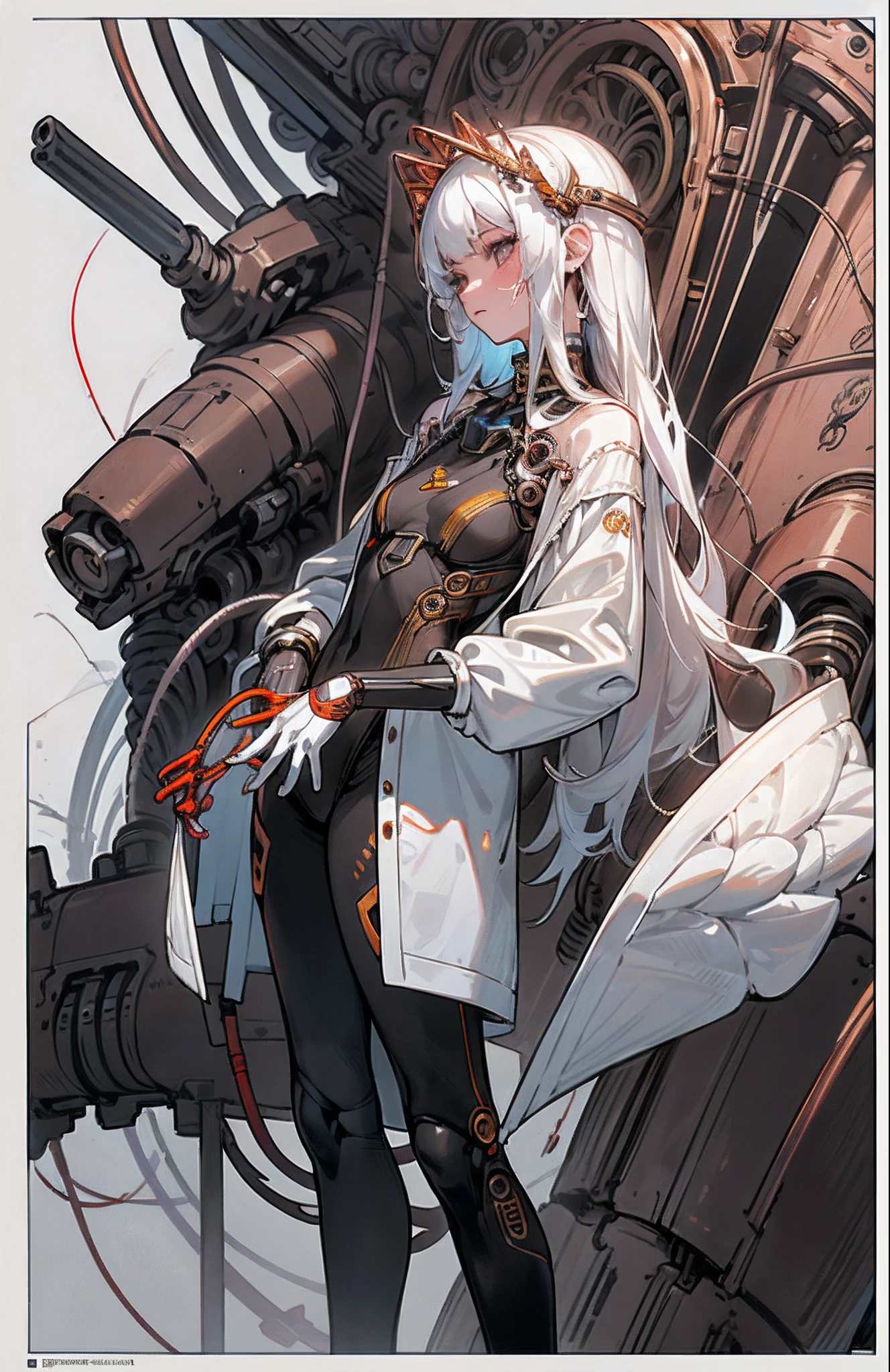 (masterpiece, top quality, best quality, official art, beautiful and aesthetic:1.2), (1girl:1.3), extreme detailed,colorful,highest detailed ((ultra-detailed)), (highly detailed CG illustration), ((an extremely delicate and beautiful)),(from side),cinematic light,((1mechanical girl)),solo,full body,(machine made joints:1.2),((machanical limbs)),(blood vessels connected to tubes),(mechanical vertebra attaching to back)expressionless,(wires and cables attaching to neck:1.2),(wires and cables on head:1.2)(character focus),science fiction, tubes on background, machines are attached to joints, white hair, white skin, looking at viewer, sword in hand, copper, bronze, (black tights, ) perfect anatomy, barcode