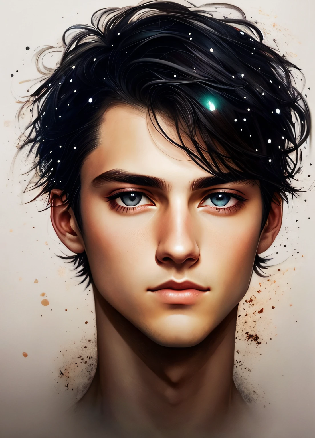 The handsome man of Agnes Cecile，Black colored eyes，Short black hair，Handsome facial features，Luminous design，pastelcolor，Ink drops，Autumn lights