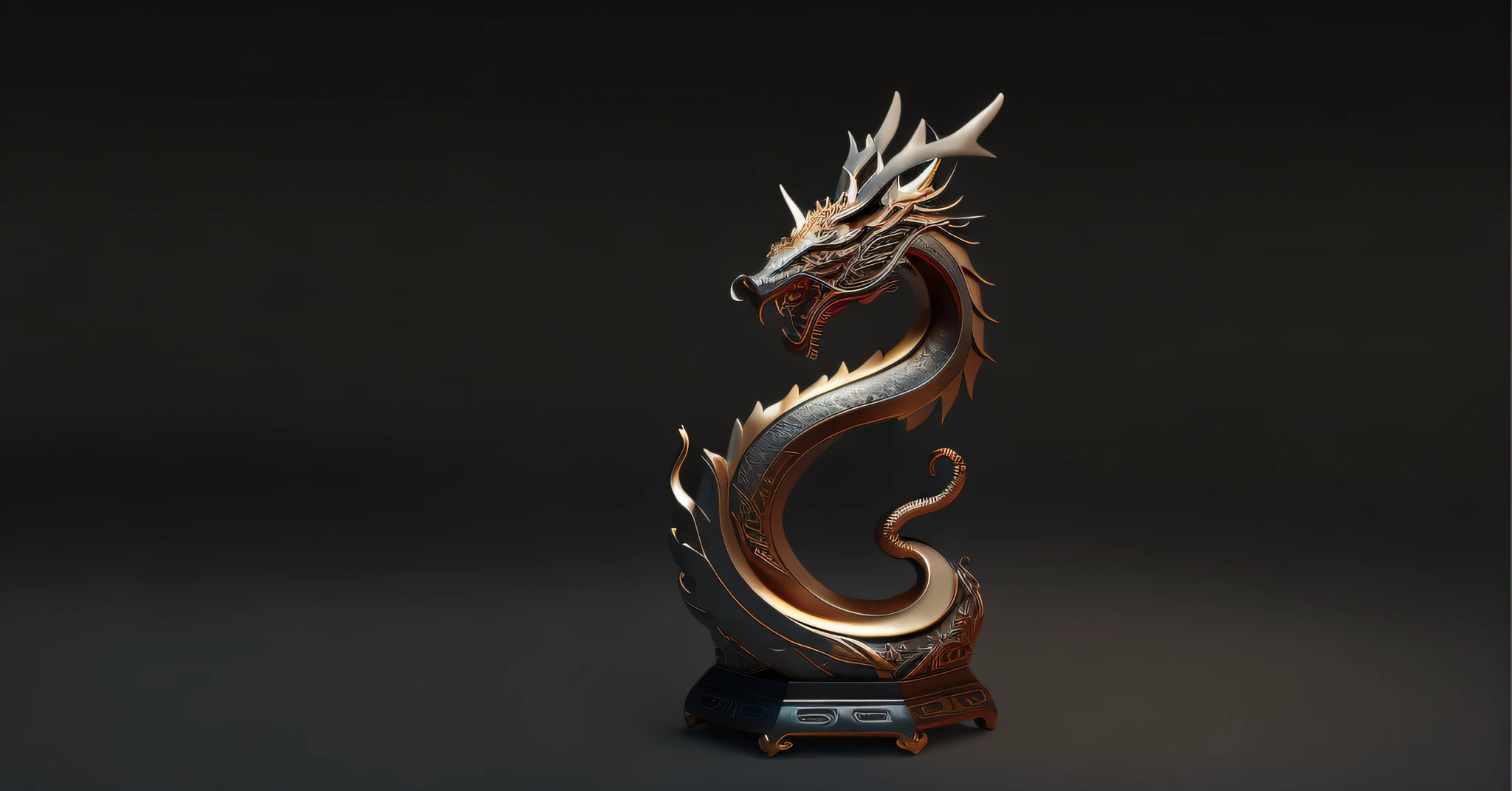 Handsome Chinese dragon sculpture，deer antlers，long whiskers，Panorama Figures，Place on a flat surface，Jordan Nelson and Shen Mingchen. trending on artstationh. Black scales . lighting, Epic, 8K, Highly detailed, Centered, symetry, picure, Intricate,deep dark background，gradient backgrounds，toplight， voluminetric lighting, Beautiful, rich deep colors masterpiece, Sharp focus, Ultra detailed, in the style of dan mumford and marc simonetti, astrophotography