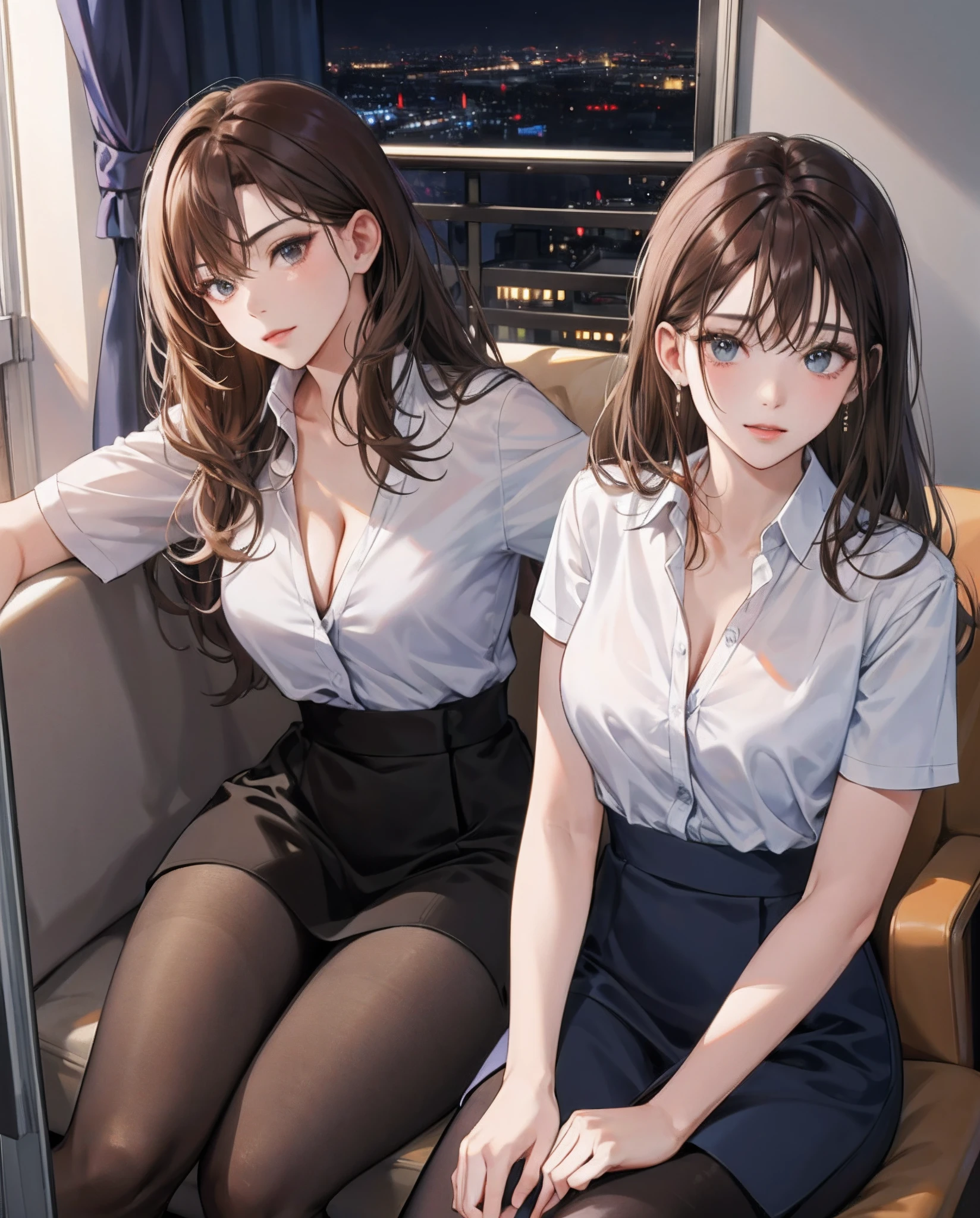 ((Best quality, 8K, Masterpiece :1.3)), Whole body, Sharp focus :1.2, Pretty Women with Perfect Figure :1.4, Slender abs :1.2, ((Dark brown hair, Big breasts :1.2)), Body dress :1.1, (night cityscape, Modern Balcony :1.1), Highly detailed face and skin texture, Detailed eyes, 二重まぶた, small busts, office lady uniform, Office wear, White T-shirt, Exposed cleavage, (Black pantyhose), (), interior scenes, Office