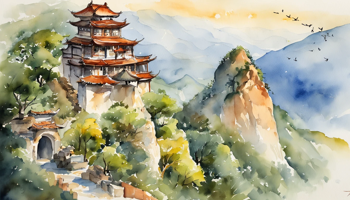 A 3-year-old monk,Meditate on the top of the mountain,Back Shadow,Behind him lay a bucket of water,Look into the valley in the distance,Big mountains in the distance,blue-sky,baiyun,flying birds,There is a stream,The picture is delicate,The scene is real,k hd