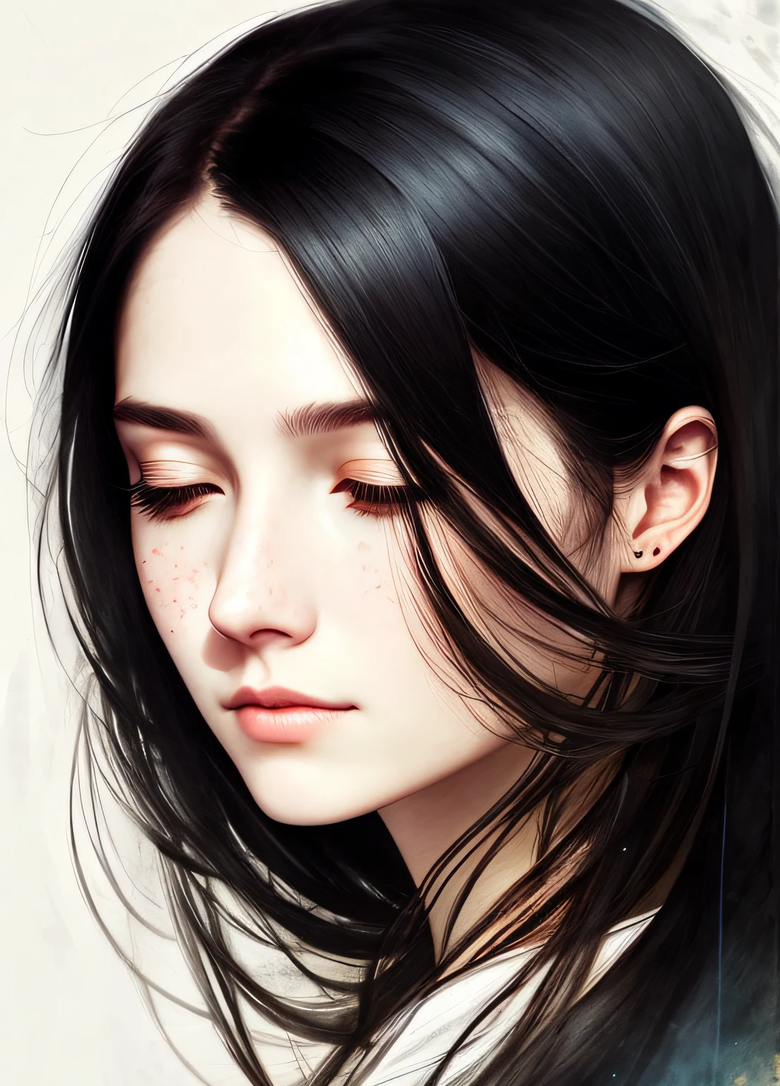 Agnes Cecile's woman with closed eyes，Long black hair，Intoxicated expression，exquisite facial features，Luminous design，pastelcolor，Ink drops，Autumn lights，