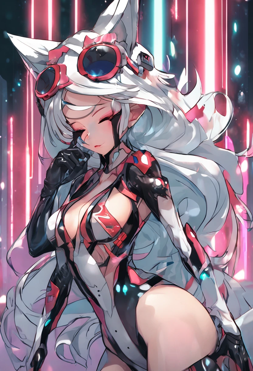 Beautuful Women, Clear bikini, high-heels, The kinky is exposed, multicolored hair, one eye closed, fox ears, parted lips, Surrealism, high detail, Futurism, first-person view