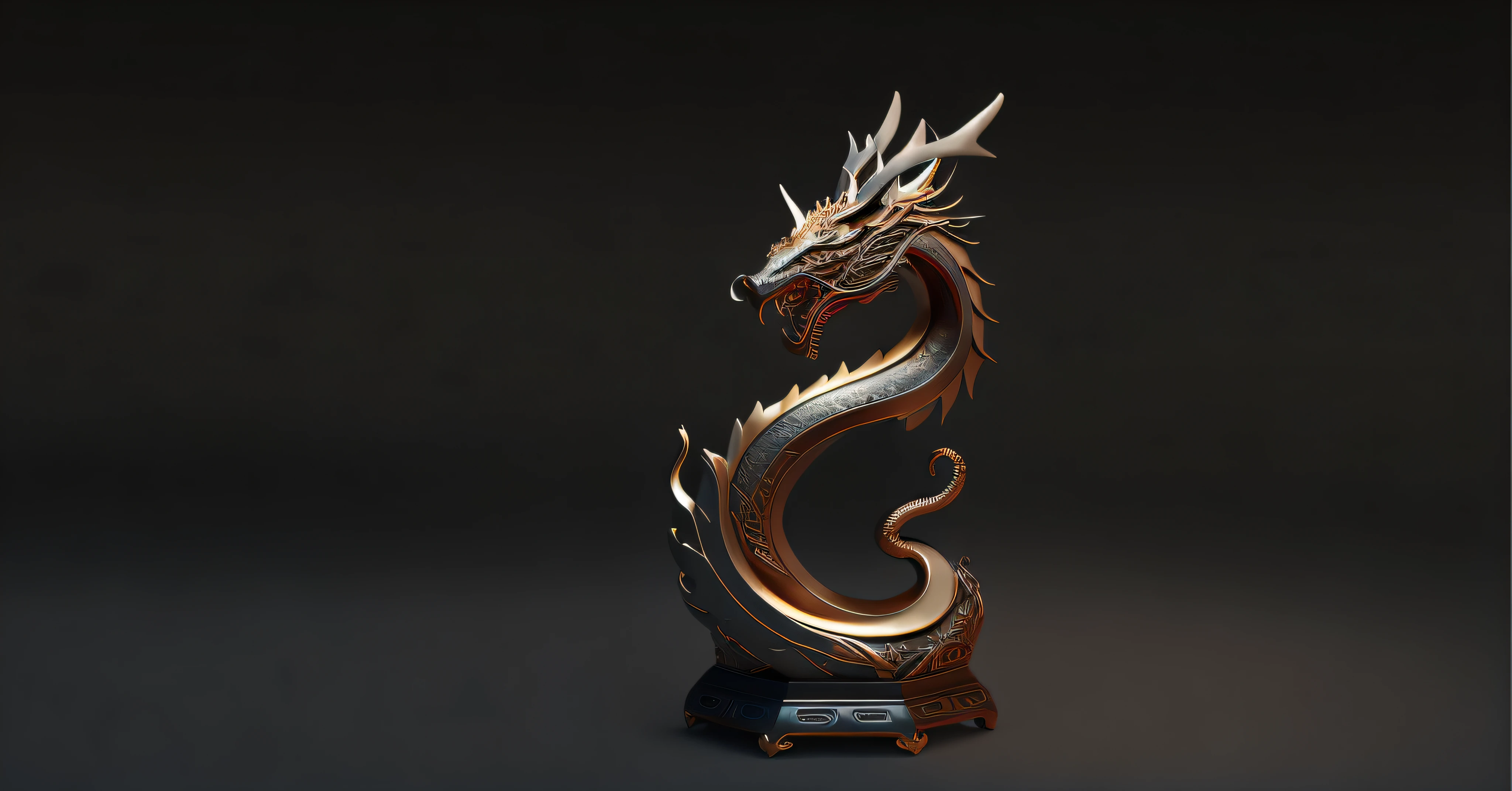 Handsome Chinese dragon sculpture，deer antlers，long whiskers，Panorama Figures，Place on a flat surface，Jordan Nelson and Shen Mingchen. trending on artstationh. Black scales . lighting, Epic, 8K, Highly detailed, Centered, symetry, picure, Intricate,deep dark background，gradient backgrounds，toplight， voluminetric lighting, Beautiful, rich deep colors masterpiece, Sharp focus, Ultra detailed, in the style of dan mumford and marc simonetti, astrophotography