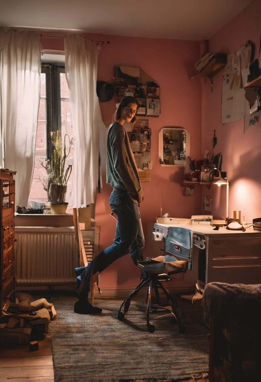 Benutze das selbe model wie zuvor und kreire bilder in denen es vor einem spiegel in einem zimmer steht und ein bild mit einem handy macht
