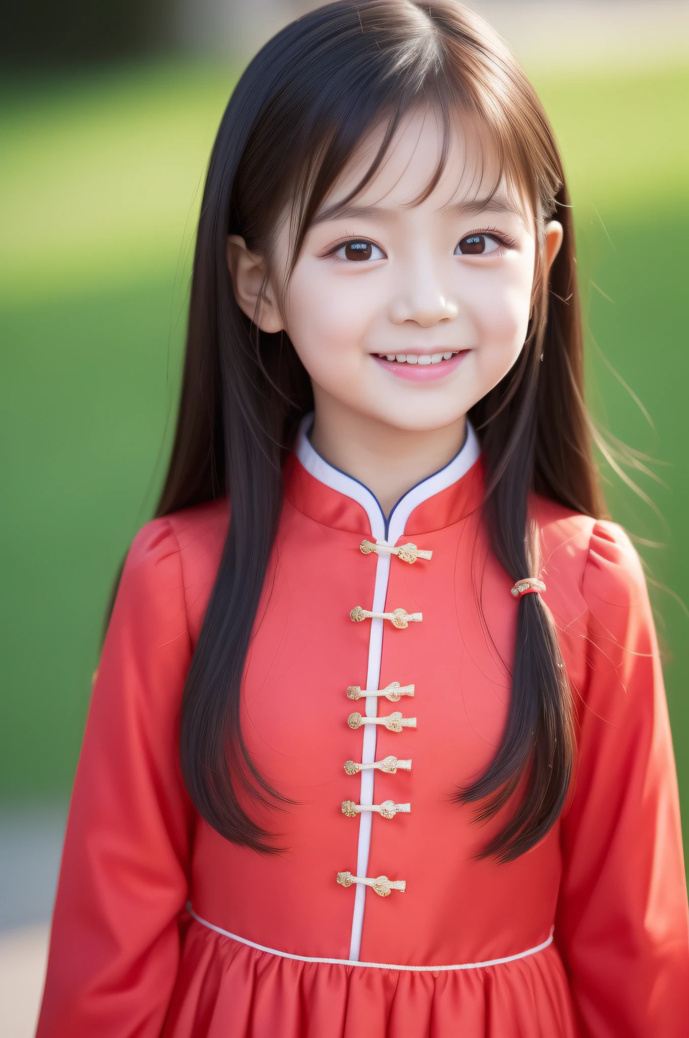 Close-up of a 5--old l dressed in a colorful Chinese dress, an album cover inspired by Song Maojin, Instagram, Realism, young wan angel, wan adorable korean face, tzuyu from twice, Cai Xukun, Korean girl, She has a cute face, bae suzy, Shin Jinying, ulzzangs, Ruan cute vtuber, jaeyeon nam