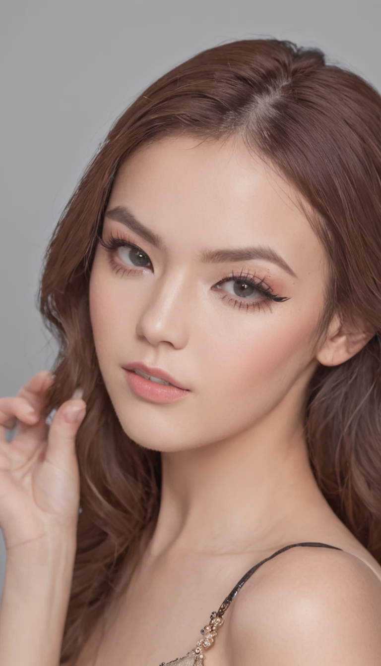 Pose like a model: Clothes should be sexy lingerie (Random colors and types). Makeup expresses vitality and confidence, Use foundation with bright tones and glitter eyeshadow: Hairstyle and hair color are also random Shooting location: lingerie fashion show.