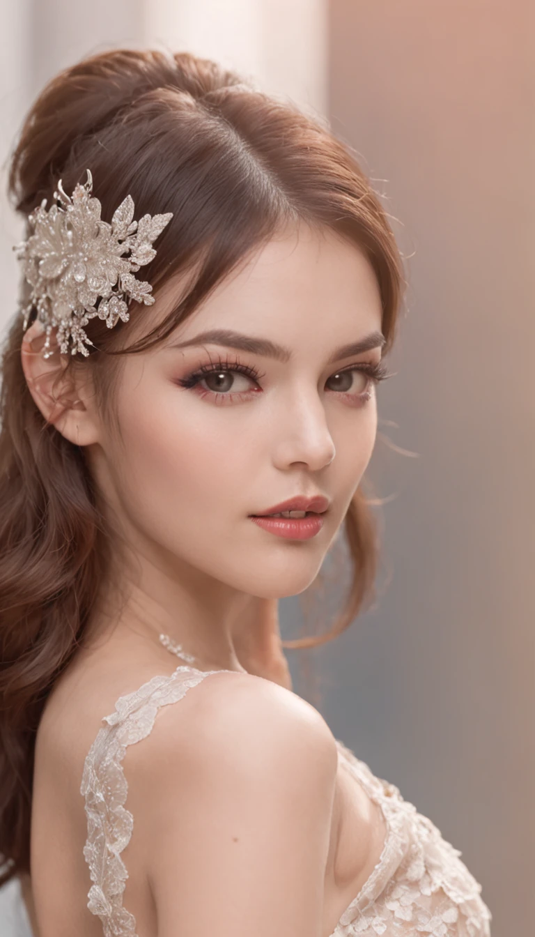 Pose like a model: Clothes should be sexy lingerie (Random colors and types). Makeup expresses vitality and confidence, Use foundation with bright tones and glitter eyeshadow: Hairstyle and hair color are also random Shooting location: lingerie fashion show.