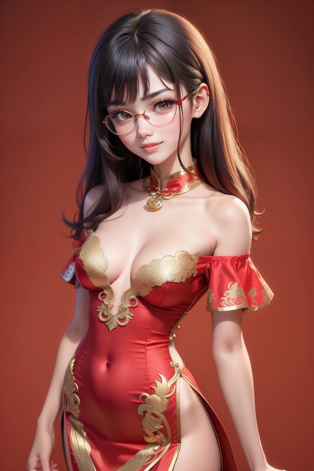 1 cute girl (18yo) glasses, upper body, slim waist, small breast, sexy pose, naugthy face, bangs, random hairstyle, cleavage, navel, collar, collarbone, off shoulder, seductive smile, wear intricately detail hot and sexy chinese dress (red and gold color,1.1). flat gray color for background