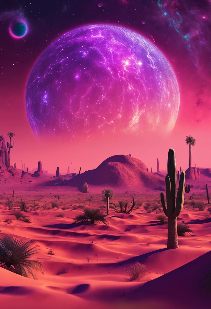 A strange man, A spaceship in the shape of black sunflower seeds lands, On an alien desert planet with many oases, Every step he took erupted with colorful light and sound shockwaves。, Aliens greet him, Fluffy clouds colored by magenta, blue and purple dusty sky, Ultra-detailed realists with 64k resolution began to see stars in the night sky in the art style of 1970s science fiction.