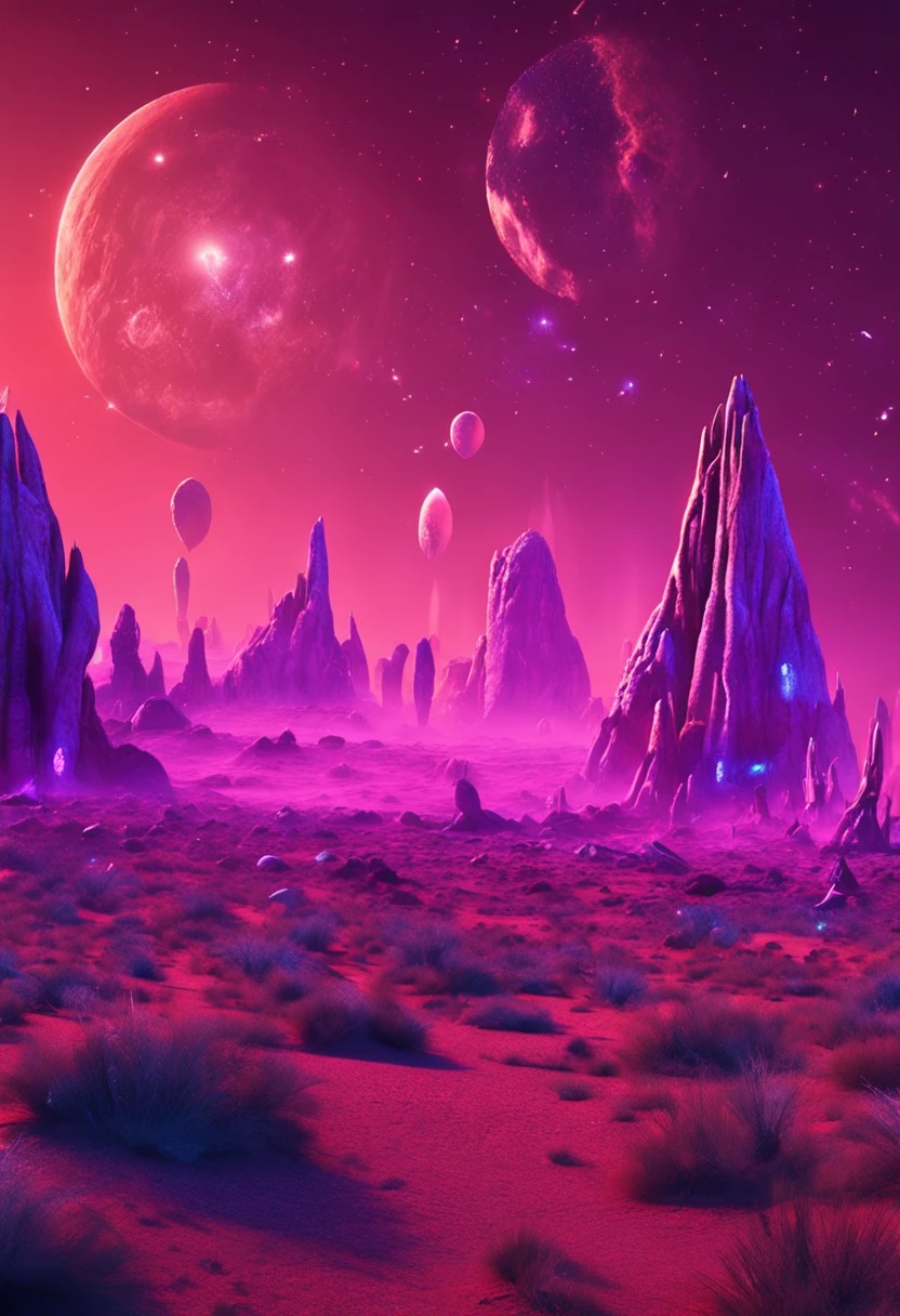A strange man, A spaceship in the shape of black sunflower seeds lands, On an alien desert planet with many oases, Every step he took erupted with colorful light and sound shockwaves。, Aliens greet him, Fluffy clouds colored by magenta, blue and purple dusty sky, Ultra-detailed realists with 64k resolution began to see stars in the night sky in the art style of 1970s science fiction.