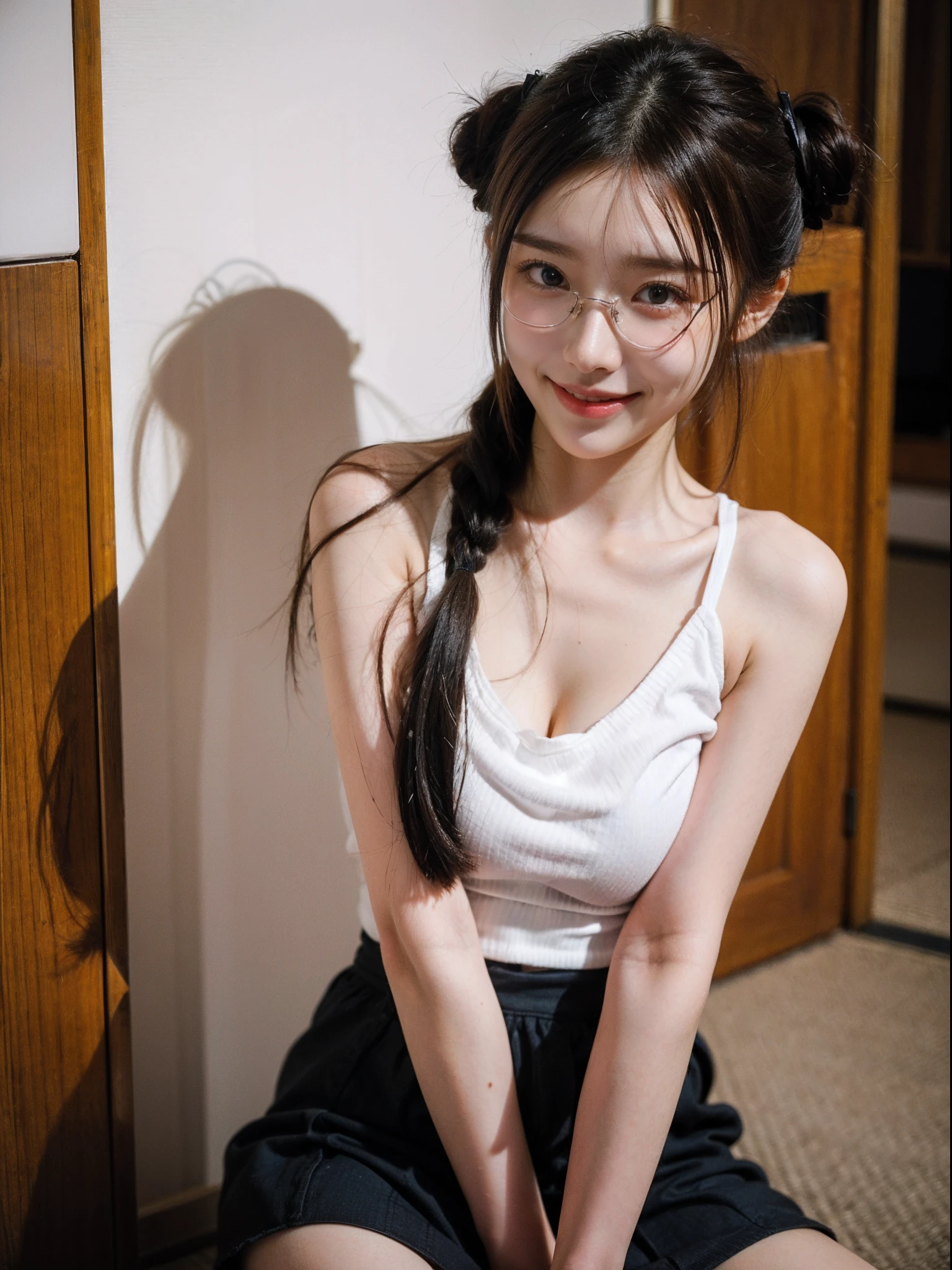 Urzang-6500-V1 version.1, (RAW photogr:1.2), (realisticlying:1.4), Beautiful Meticulous Girl, Very detailed eyes and face, beatiful detailed eyes, absurderes, Incredibly Ridiculous res, hugefilesize, ultra - detailed, k hd, The is very detailed, best qualtiy, tmasterpiece, kemomimi, ((Japan Girls' High School Junior High School Uniform)), illustration, The is very detailed, CG, unified, 8k wallpaper, astounding, finedetail, tmasterpiece, best qualtiy, Highly detailed CG uniform 8k wallpaper, Face lighting,cinmatic lighting,1个Giant Breast Girl,20yr old,(does not wear panties)),(wears glasses),(dynamicposes))),(camel-toe),(halfway),(Sit Pose)Detailed skin texture,Fine cloth texture,Nice and delicate face,((tmasterpiece, Top image quality, A high resolution、独奏、Big Mimi、messy hair style、no-bra、full body Esbian、A smile、A slight smil、Tekatka skin、glowy skin))、puberty, full of sweat、red lipsticks、Student uniform,Japanese high school uniform,独奏、Hands and hips、(((manly body)))、((Wall ·, 1girll, Front view, Stand, looking a viewer, Exposed skin, (From below),with brown eye, (Brown updo hairstyle:1.2), (Light hair), (Medium breasts:1.4), Smile with white teeth, (photorealestic:1.4), (Top image quality:1.0), (超高分辨率:1.0), 8K, RAW photography, (A masterpice:0.2), porate, sface focus, ful body,(PureErosFace_V1:0.5)