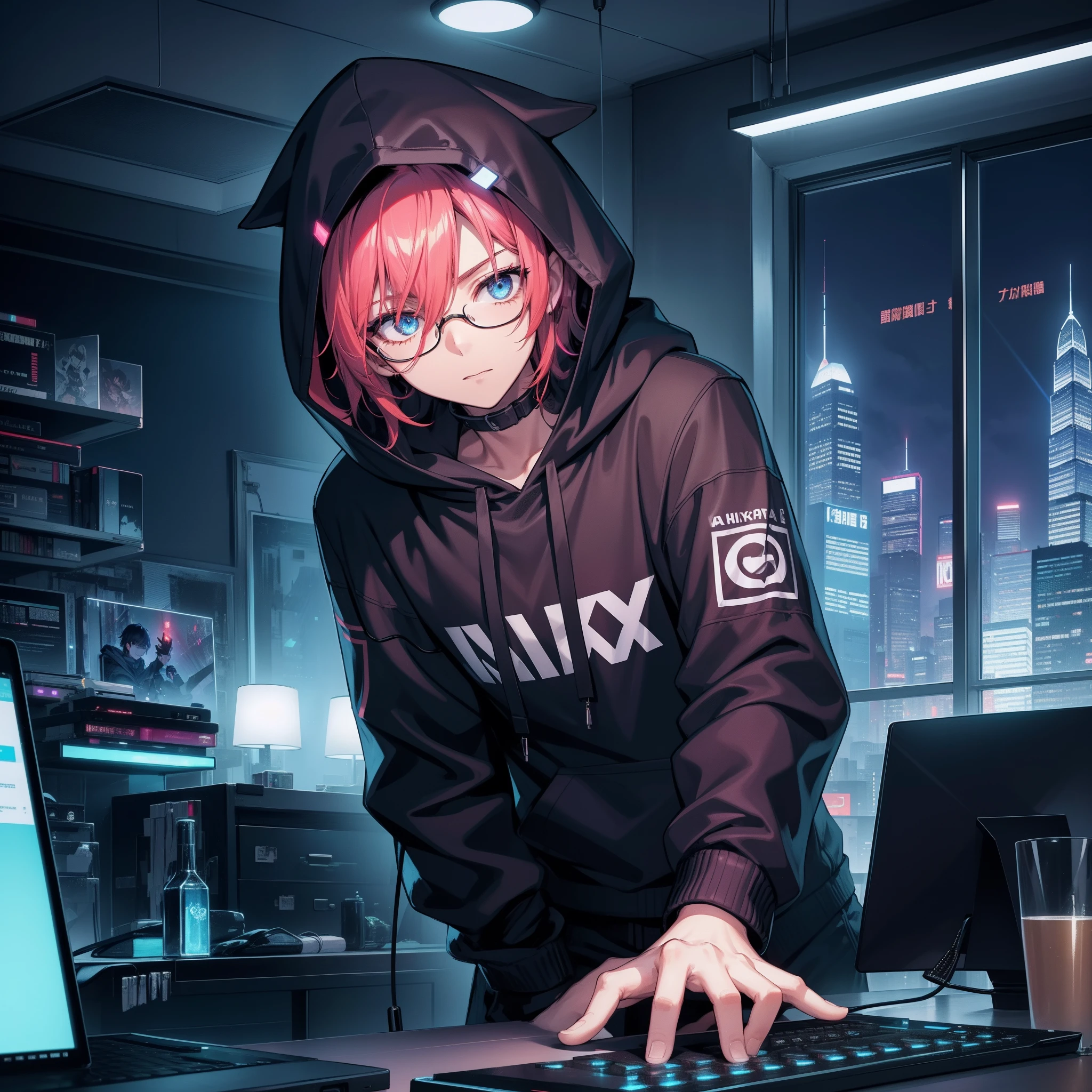 a stylish Hong Kong gamer sits behind his laptop in his studio during the night. He's wearing a dark-colored hoodie with the hood covering his head and black glasses. The room is lit by the soft glow of the neon theme, The boy is looking straight into the camera, his face illuminated, showing determination and focus. To his side, there's a professional microphone on a stand, ready to be used. The room's decor is cyber punk, hi-tech style and neon theme, with a nighttime cityscape of Hong Kong through a window on the background. The overall ambiance of the image should convey a sense of dedication, creativity, and connection to AI technology.