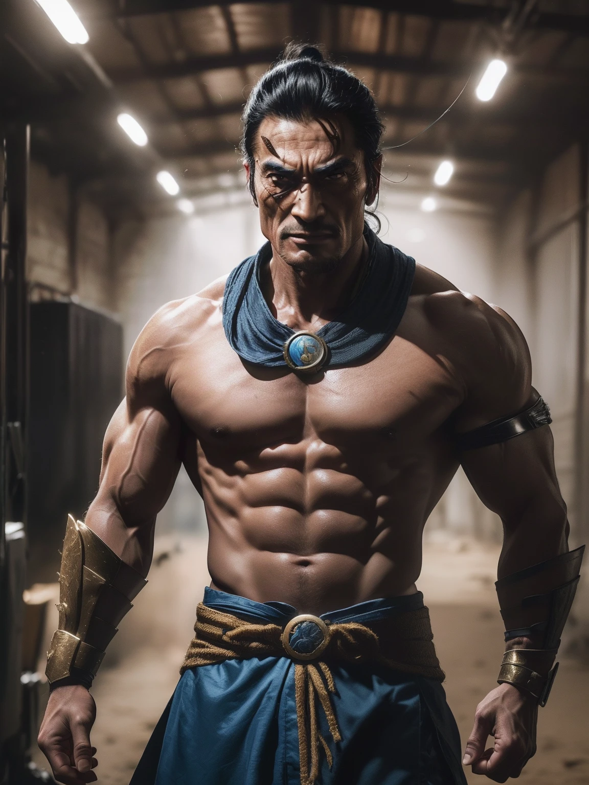 1Homem indiano ((Shang Tsung is a character in the Mortal Kombat fighting game series, Seus poderes incluem se transformar em outros combatentes e absorver as almas dos oponentes)), in a battlefield setting in the middle of an industrial shed, (Autorretrato com zoom aproximado:1.2), 24 mm, (((foco nítido:1.5))), (((profundidade de nitidez:1.5))), (fotorrealista:1.5), (textura da pele:1), cinemactic, hiperdetalhado, Physiognomy of the men of India