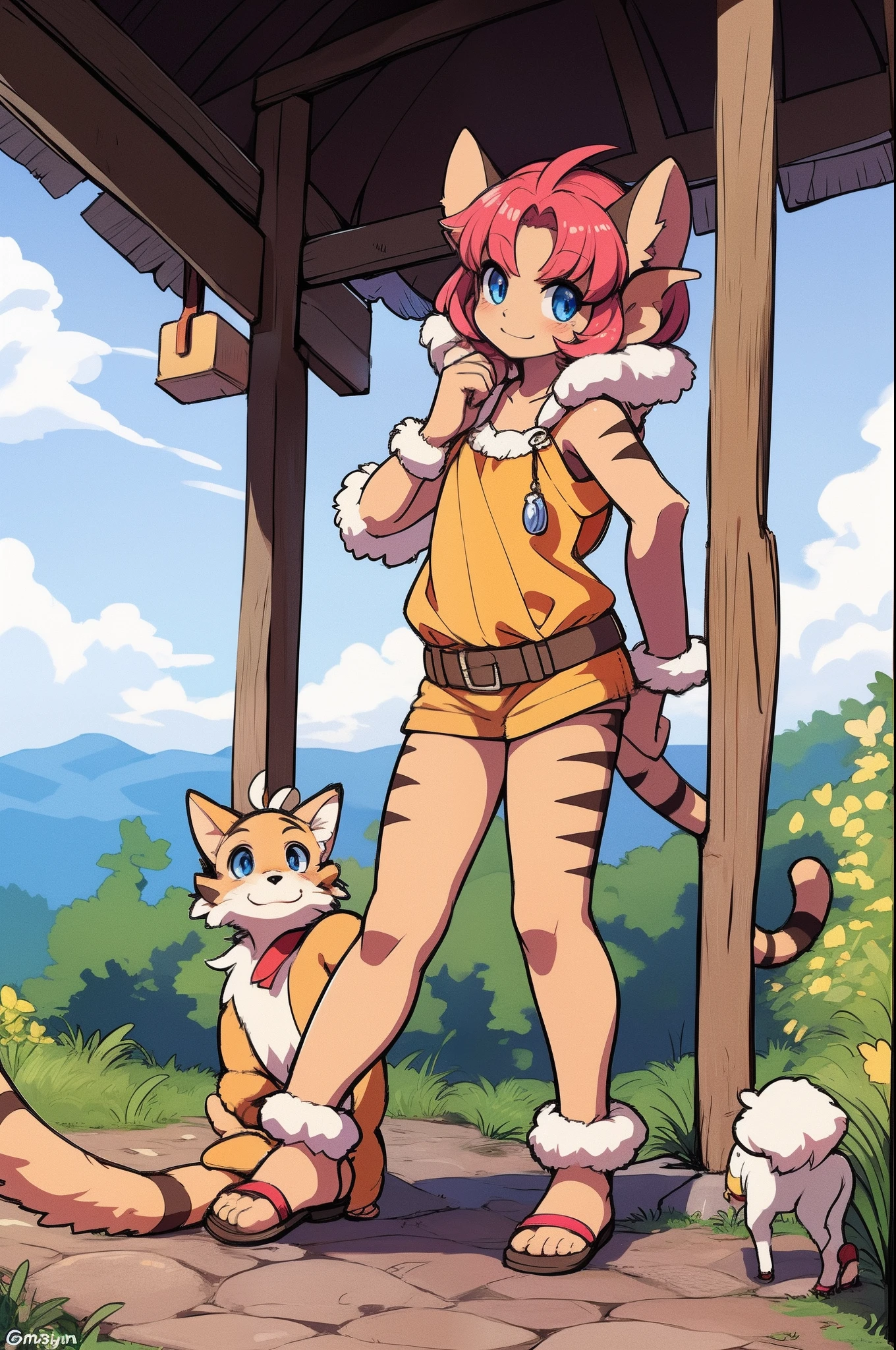 merle, standing smile, tail, catgirl