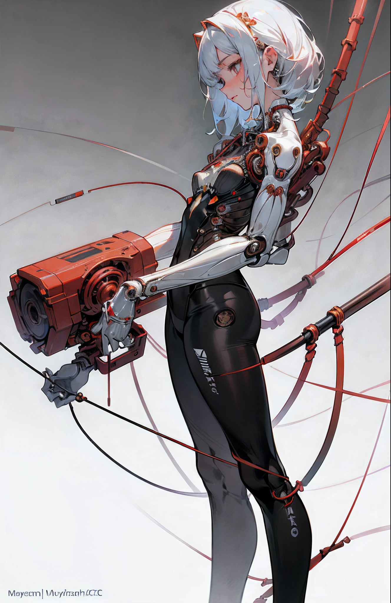 (masterpiece, top quality, best quality, official art, beautiful and aesthetic:1.2), (1girl:1.3), extreme detailed,colorful,highest detailed ((ultra-detailed)), (highly detailed CG illustration), ((an extremely delicate and beautiful)),(from side),cinematic light,((1mechanical girl)),solo,full body,(machine made joints:1.2),((machanical limbs)),(blood vessels connected to tubes),(mechanical vertebra attaching to back)expressionless,(wires and cables attaching to neck:1.2),(wires and cables on head:1.2)(character focus),science fiction, tubes on background, machines are attached to joints, white hair, white skin, looking at viewer, sword in hand, copper, bronze, (black tights, ) perfect anatomy,