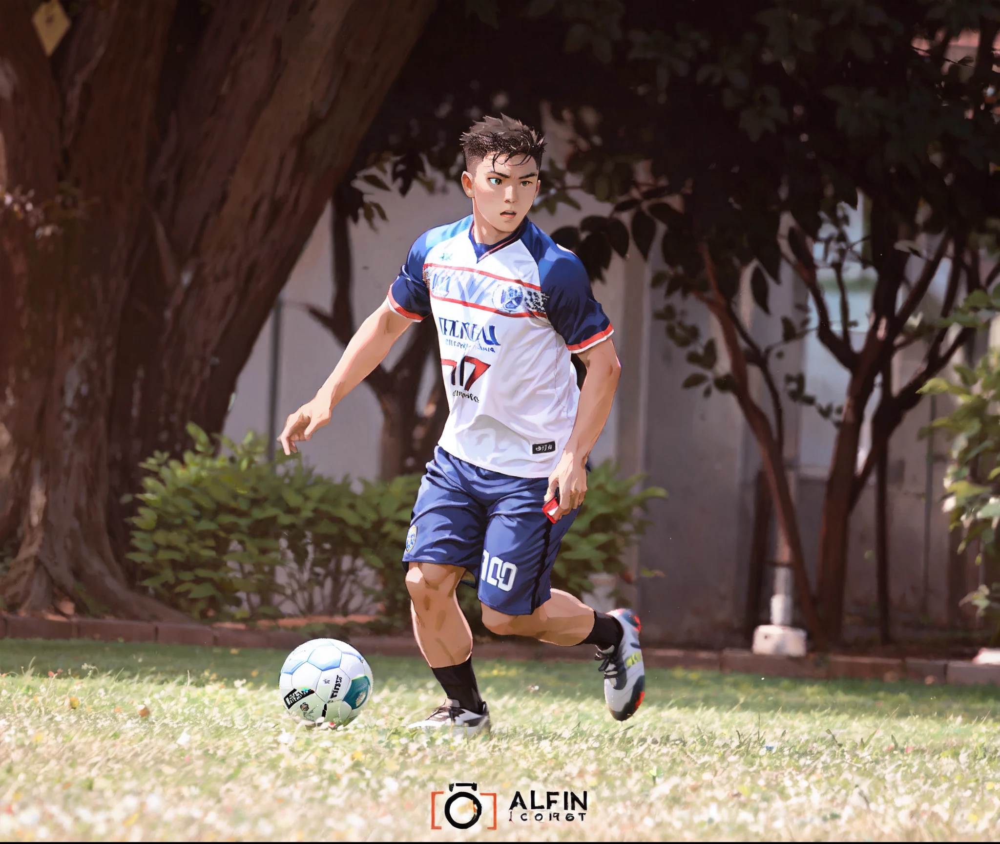 there is a man that is playing soccer in the grass,  playing soccer, dribbling, action photo, captured on canon eos r 6