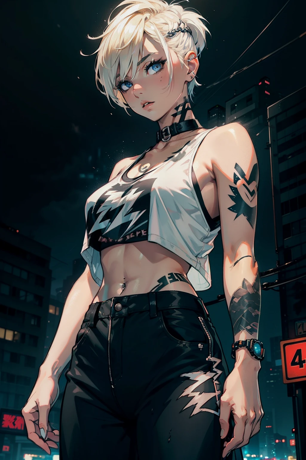 Young girl short hair, blonde hair,Short Women Hairstyle With Shaved Sides , black eyes, right Arm tattooed with thunder tattoos, black thunder tattoos, white tank shirt shirt, black letter pants, in a city, in a storm, Night, thunder in the sky, 4k, detailed body