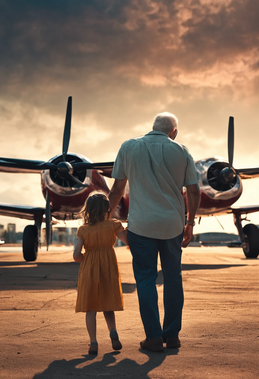 Father and daughter hugging with airplane behind them