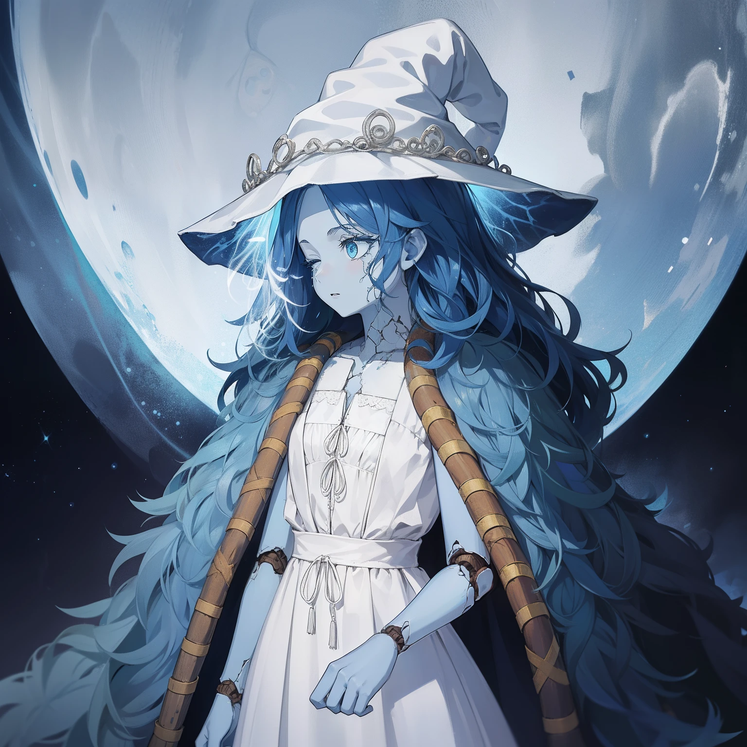 Ranni, 1girl, wavy hair, blue skin, cracked skin, ((extra arms)), extra faces, doll, joints, doll joints, white dress, hat, cloak, extra arms, blue hair, wavy hair, blue eyes, perfect anatomy, solo, fgo sprite