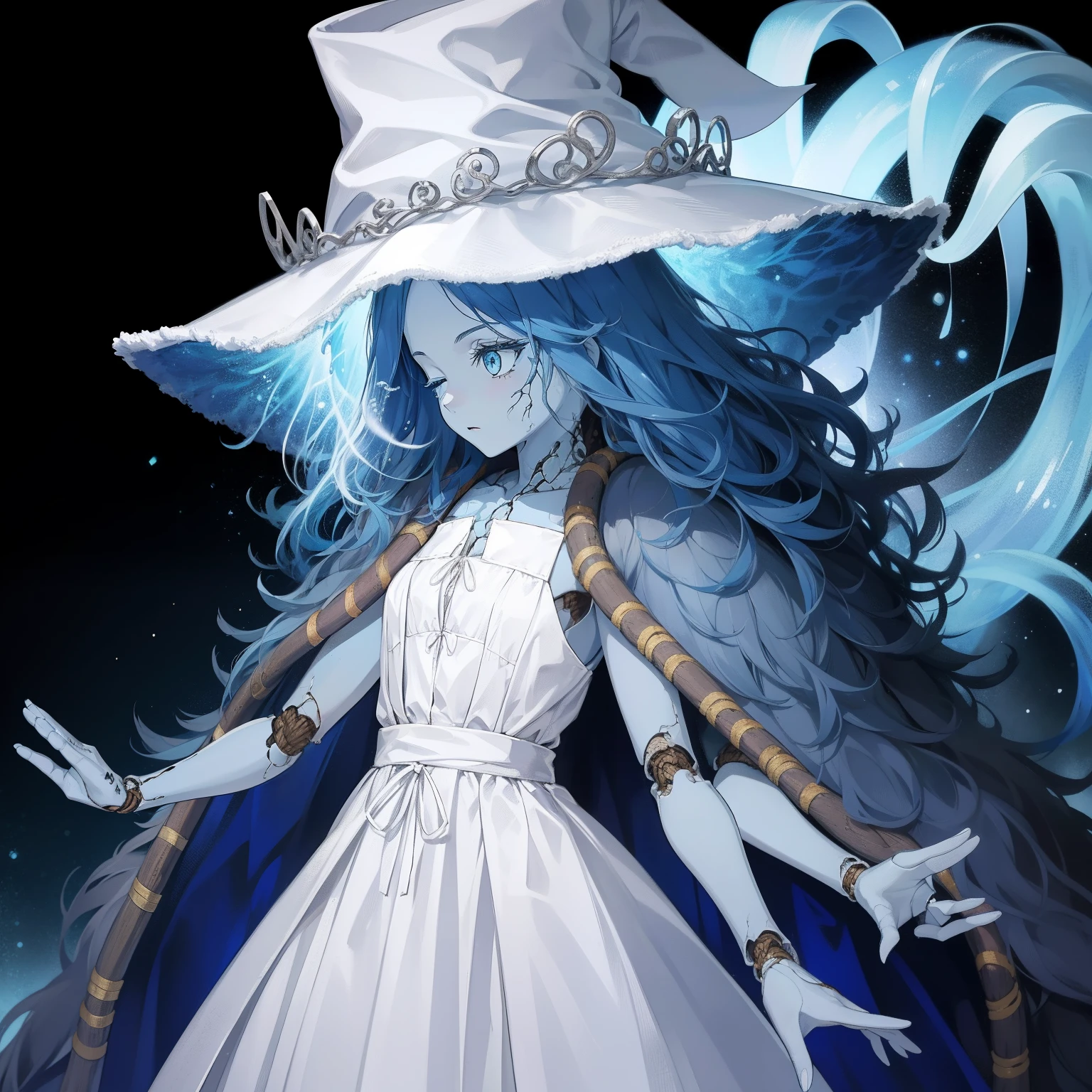 Ranni, 1girl, wavy hair, blue skin, cracked skin, ((extra arms)), extra faces, doll, joints, doll joints, white dress, hat, cloak, extra arms, blue hair, wavy hair, blue eyes, perfect anatomy, solo, fgo sprite