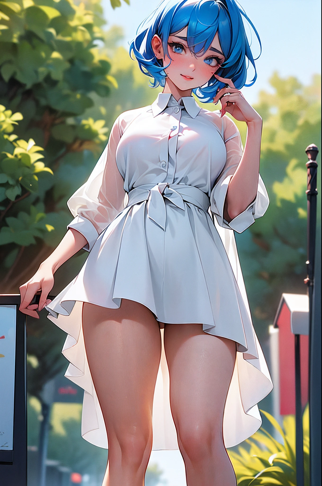 (NSFW: 1.5), (8K, RAW photo, Best quality, Masterpiece: 1.4), hyper HD, (Realistic, Photorealistic: 1.48), 20 years old, ((Open legs: 1.3)), ((Carmelto: 1.3)), Beautiful girl, (Ultra-transparent white shirt: 1.48), Famous actor of the Japan, (Blue hair: 1.4), Short hair, (Hair in one eye: 1.3), Blue eyes, Head tilt, Cowboy shot, Sideways, looking at viewert, Expressionless, Beautiful lake, Zeiss 150mm f/ 2.8 Hasselblad, full bodyesbian, Foot, ultra-wide-angle