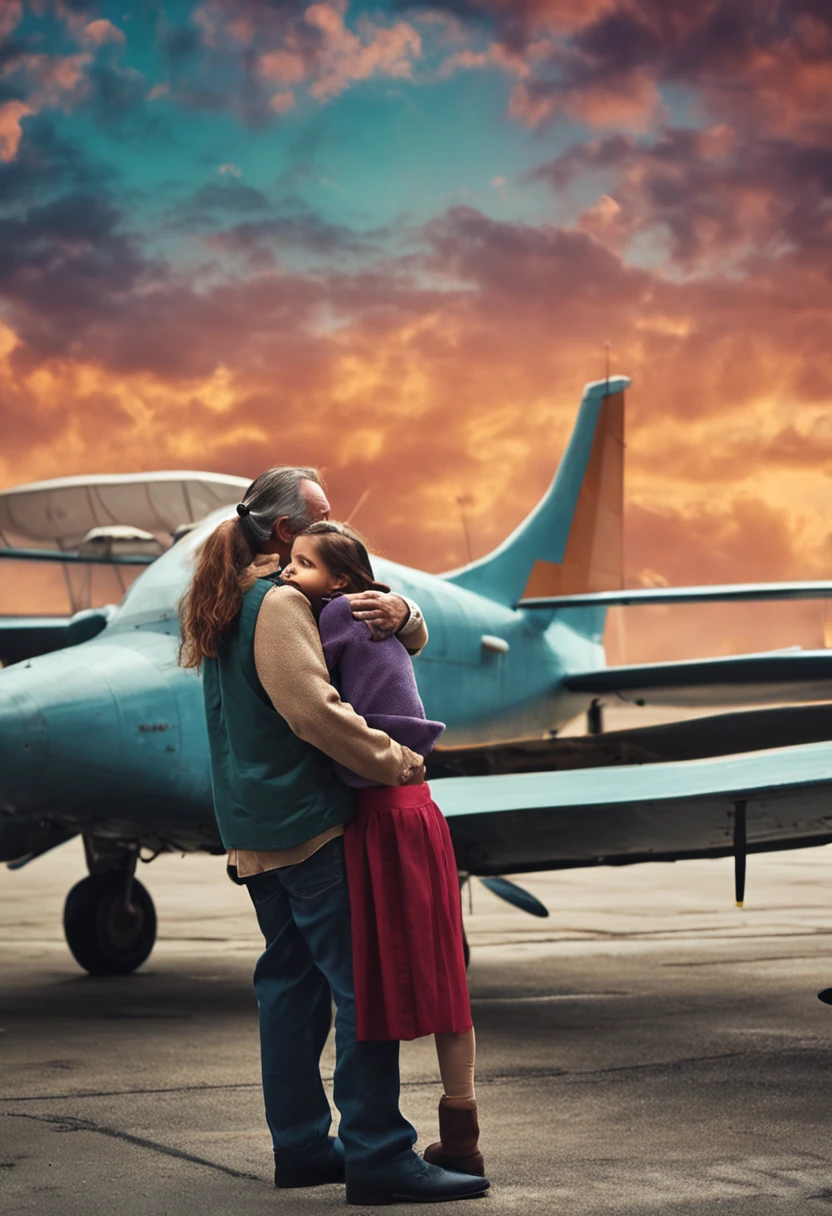 Father and daughter hugging with airplane behind them