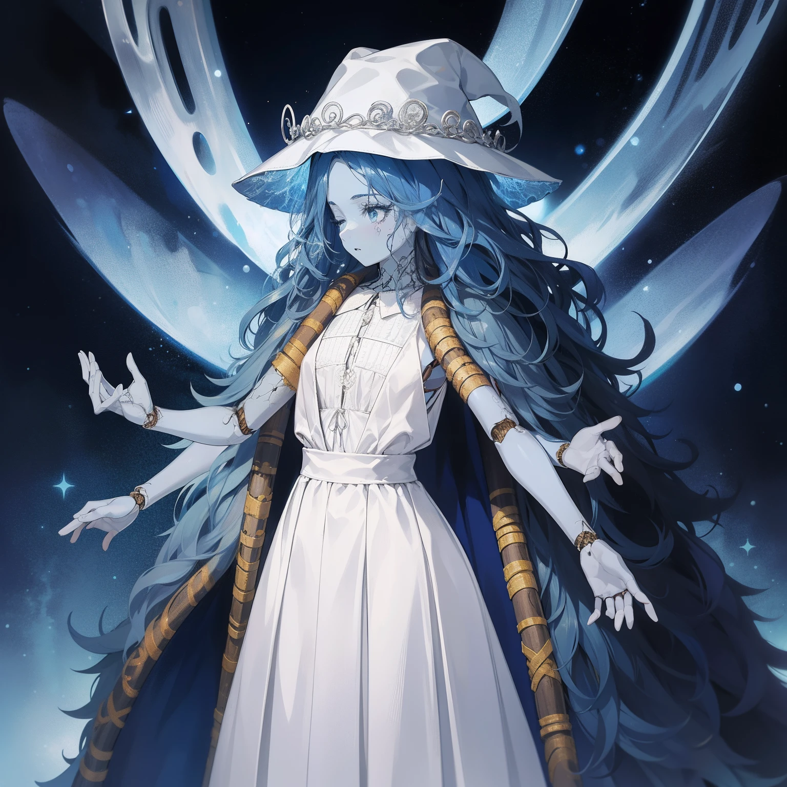 Ranni, 1girl, wavy hair, blue skin, cracked skin, ((extra arms)), extra faces, doll, joints, doll joints, white dress, hat, cloak, extra arms, blue hair, wavy hair, blue eyes, perfect anatomy, solo, fgo sprite