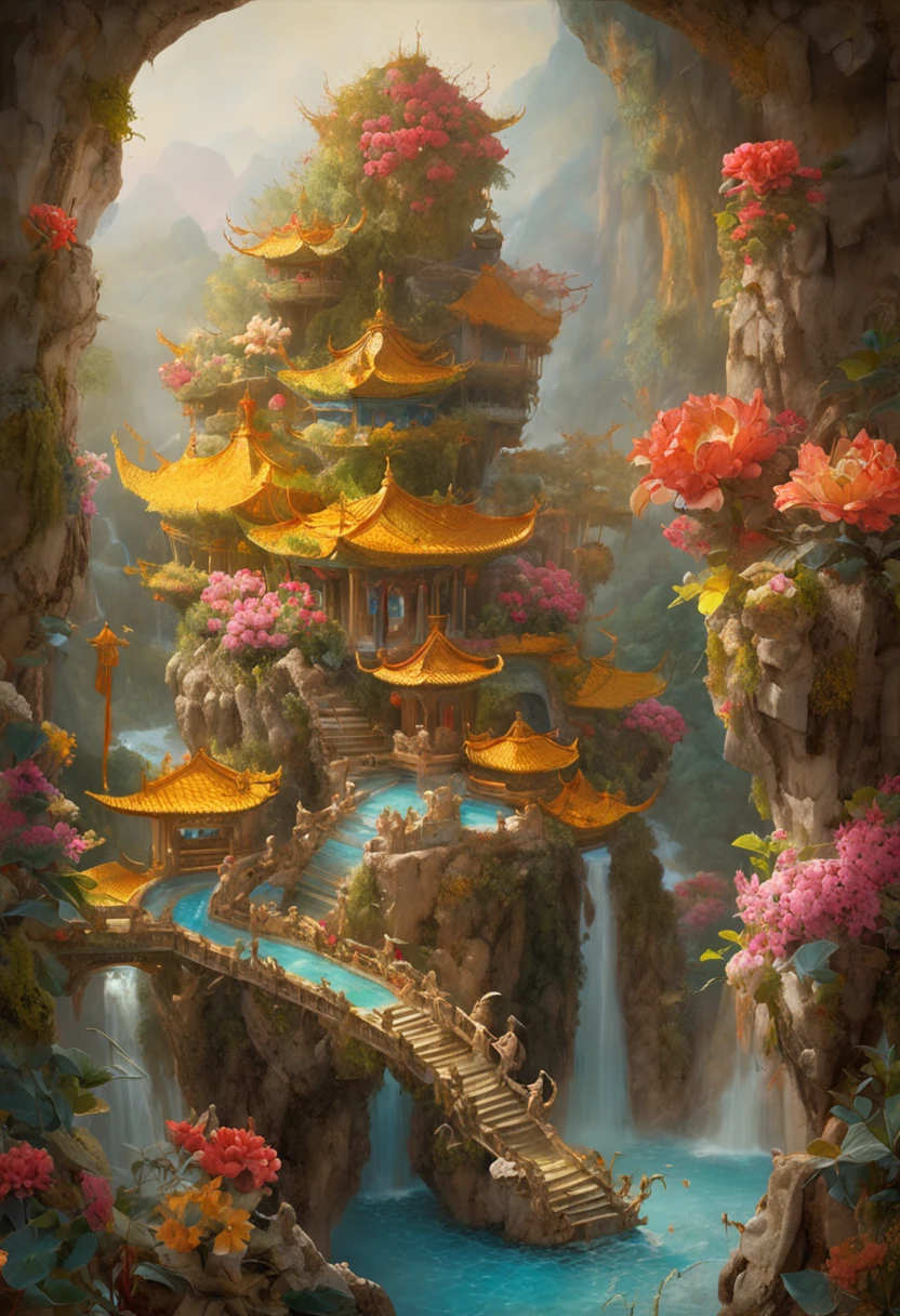 best quality, realistic, photorealistic, ultra detailed, "Mountain of Flower and Fruit+Fairy+Chinese Architecture" highly detailed carving on "southern ice" porcelain,Ultra wide angle,Accent Lighting,Volumetric Lighting,backlighting, (detailed light),((an extremely delicate and beautiful)),dramatic_shadow,ray_tracing,hdr