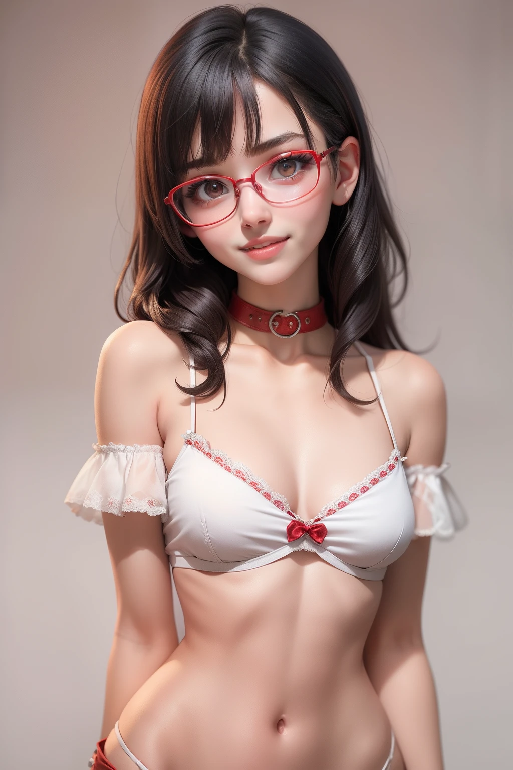 1 cute girl (18yo) glasses, upper body, slim waist, small breast, sexy pose, naugthy face, bangs, random hairstyle, cleavage, navel, collar, collarbone, off shoulder, seductive smile, wear intricately detail hot and sexy squeen outfit (red and white color,1.1). flat gray color for background