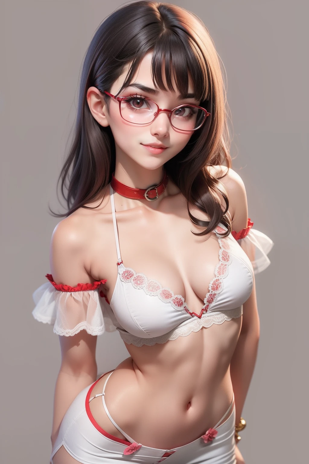1 cute girl (18yo) glasses, upper body, slim waist, small breast, sexy pose, naugthy face, bangs, random hairstyle, cleavage, navel, collar, collarbone, off shoulder, seductive smile, wear intricately detail hot and sexy squeen outfit (red and white color,1.1). flat gray color for background