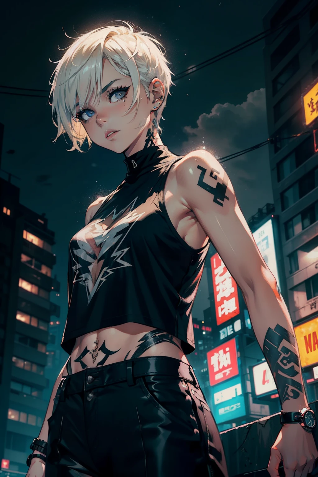 Young girl short hair, blonde hair,Short Women Hairstyle With Shaved Sides , black eyes, right Arm tattooed with thunder tattoos, black thunder tattoos, white tank shirt shirt, black letter pants, in a city, in a storm, Night, thunder in the sky, 4k, detailed body