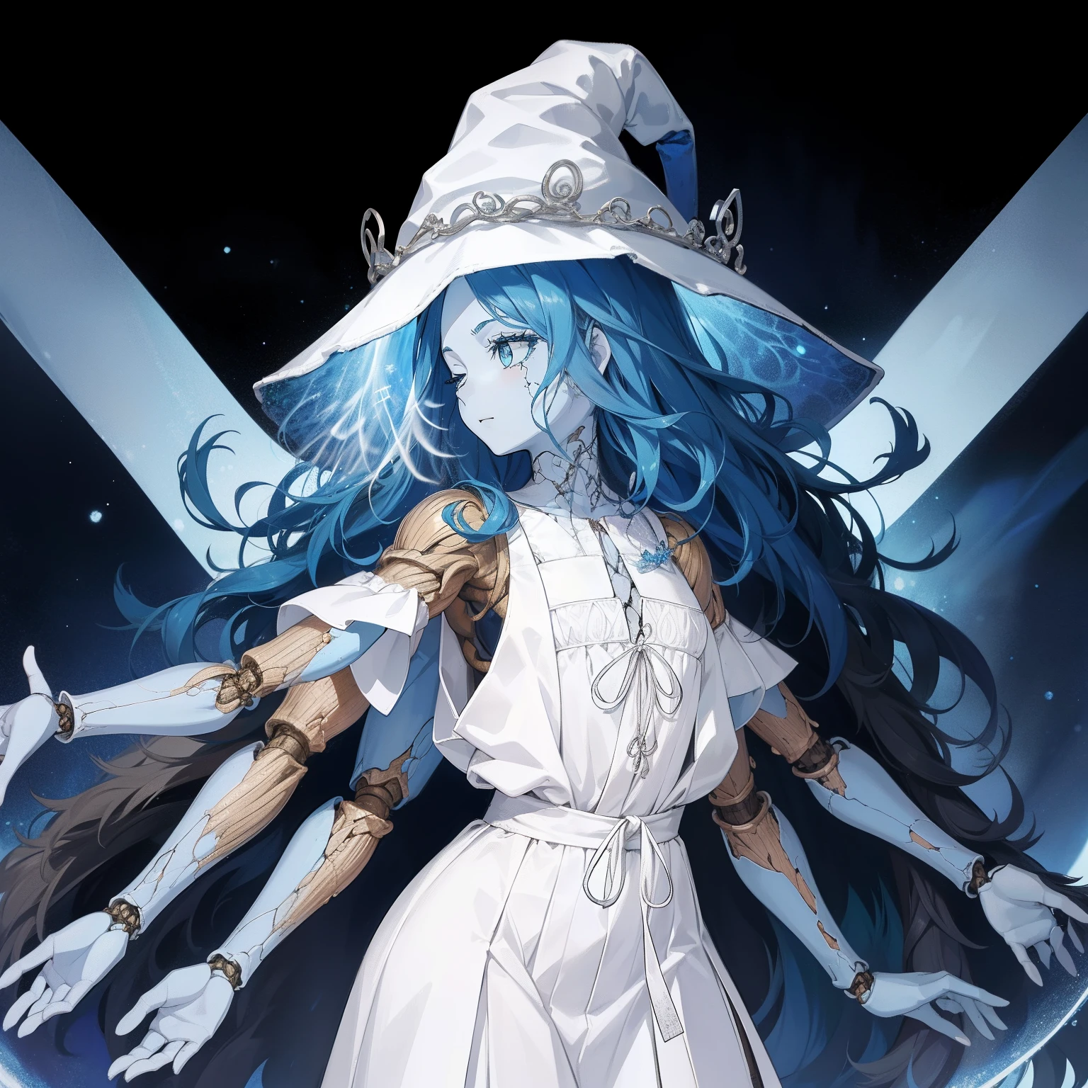 Ranni, 1girl, wavy hair, blue skin, cracked skin, ((extra arms)), extra faces, doll, joints, doll joints, white dress, hat, cloak, extra arms, blue hair, wavy hair, blue eyes, perfect anatomy, solo, fgo sprite