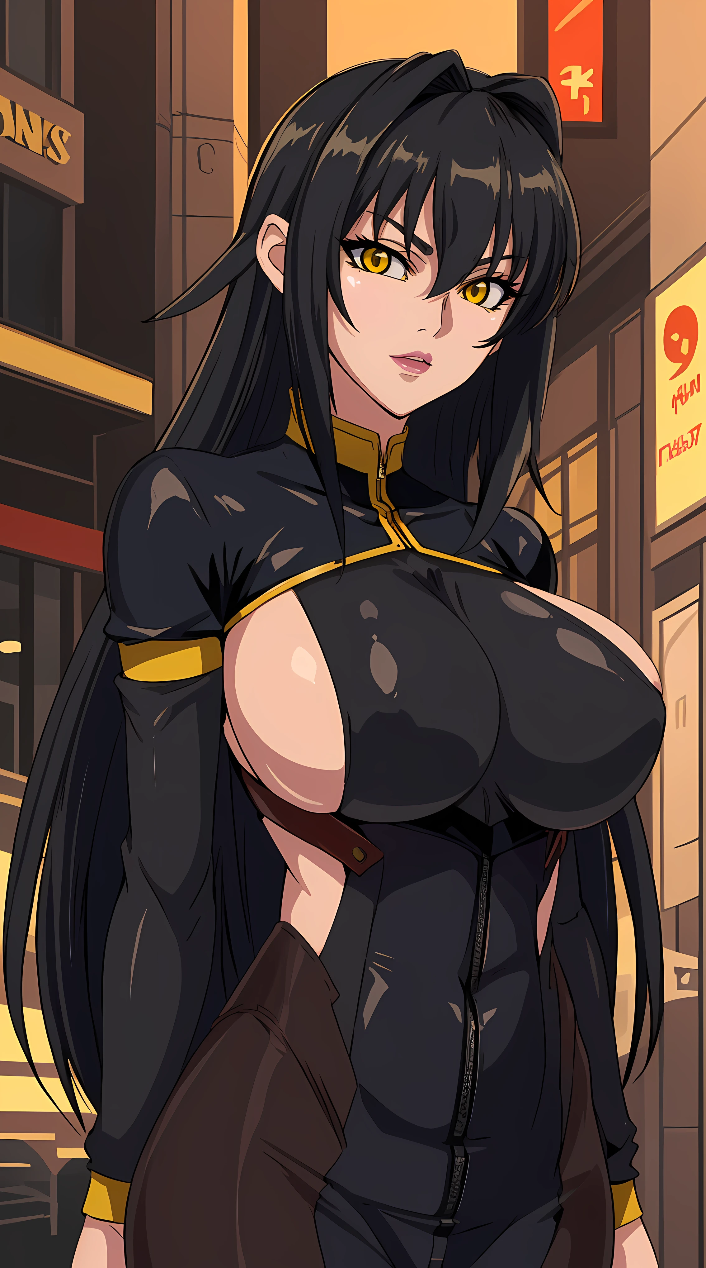 Annerose, 1girl, female mature, black hair, long hair, yellow eyes, large breasts, skin tight, hair intakes, (exquisite character details, beautiful lips, beautiful yellow eyes, beautiful face, beautiful and properly clothed), extremely detail unity 8k wallpaper, (solo:1.5), extremely detail downtown as background, (bodysuit, fully suited, closed clothes)