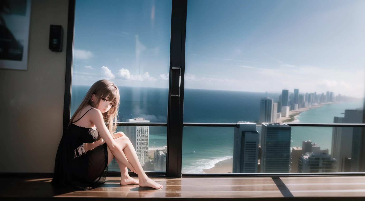abstract colors, texture, film grain, skin pores, dusty atmospheric haze, vignetting, wrinkles:0.2 intricate hasselblad dslr RAW full-body dramatic portrait photo of a beautiful girl with long (windblown)1.2 hair wearing a sundress, sitting on a ledge overlooking a (scifi solarpunk)1.2 city skyline, dangling legs, foggy morning, (backlit)1.2, (film grain)1.2, coastal atolls