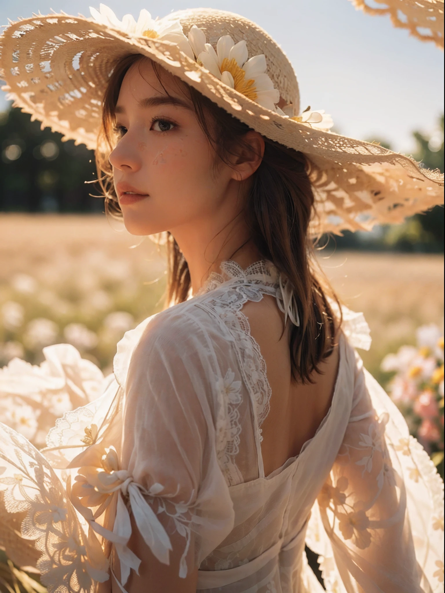 (extreme close up:1.49), (face focus:1.49), ((side face:1.47)),(1girl surrounded by soft_light:1.49), (big boobs),(backlighting:1.4), (lighting),(flowing fabric:1.3), (sheer_fabric)((Lace_Floral_summer_dress:1.5),(Straw_hat:1.3)), (masterpiece), realistic, HDR, highly detailed, 8k, raw photo, ambient occlusion, natural, harmonious composition, warm tones, fine art photography,